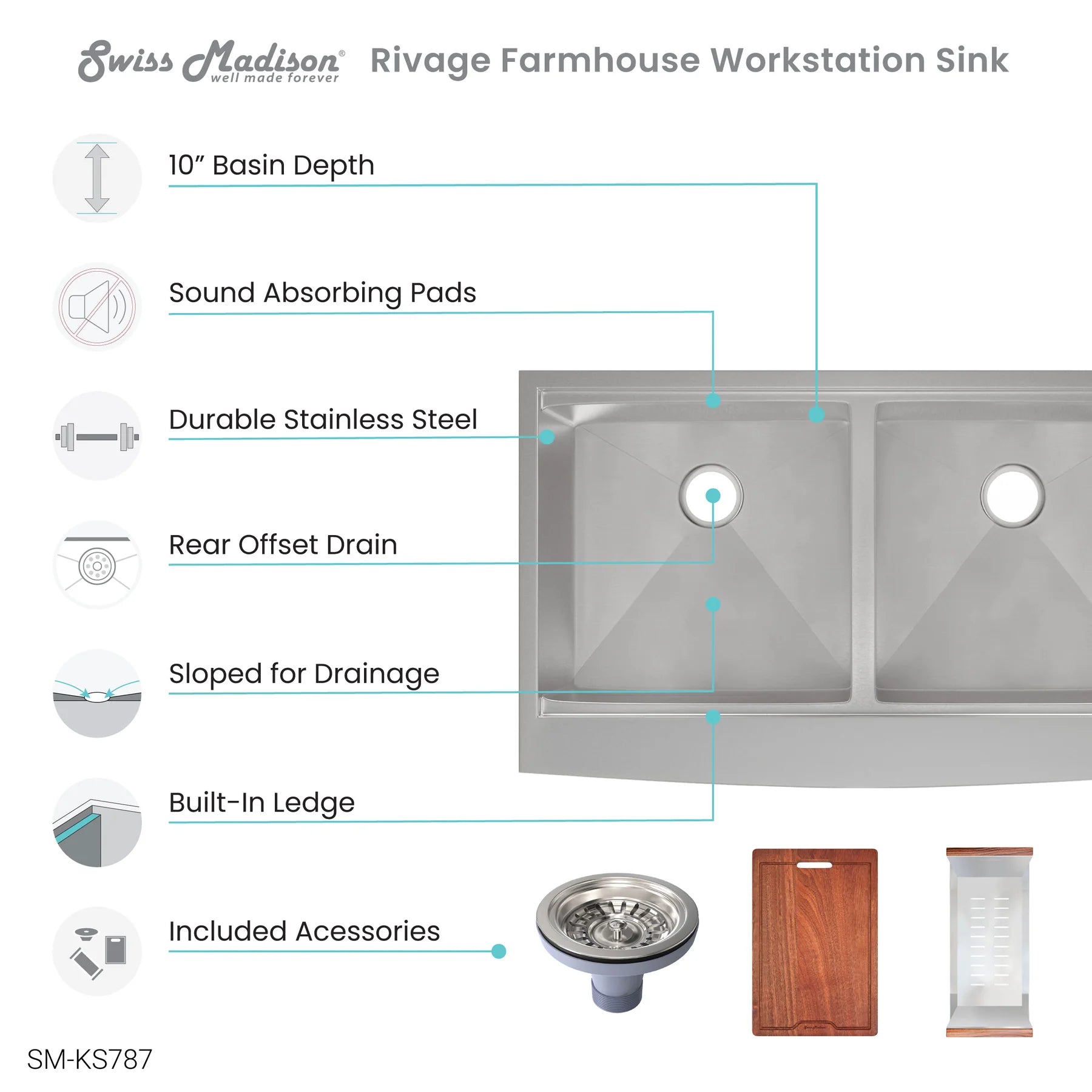 Swiss Madison Rivage 36" Double Stainless Steel Farmhouse Kitchen Workstation Sink With Apron