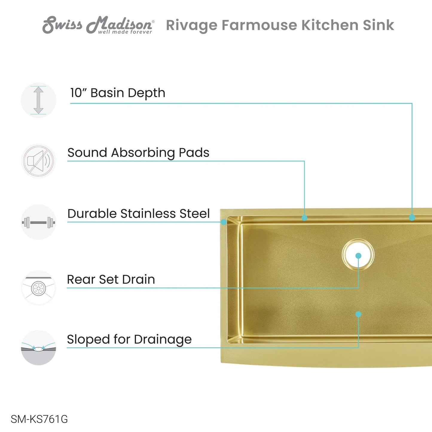 Swiss Madison Rivage 36" Single Gold Stainless Steel Farmhouse Kitchen Sink With Apron