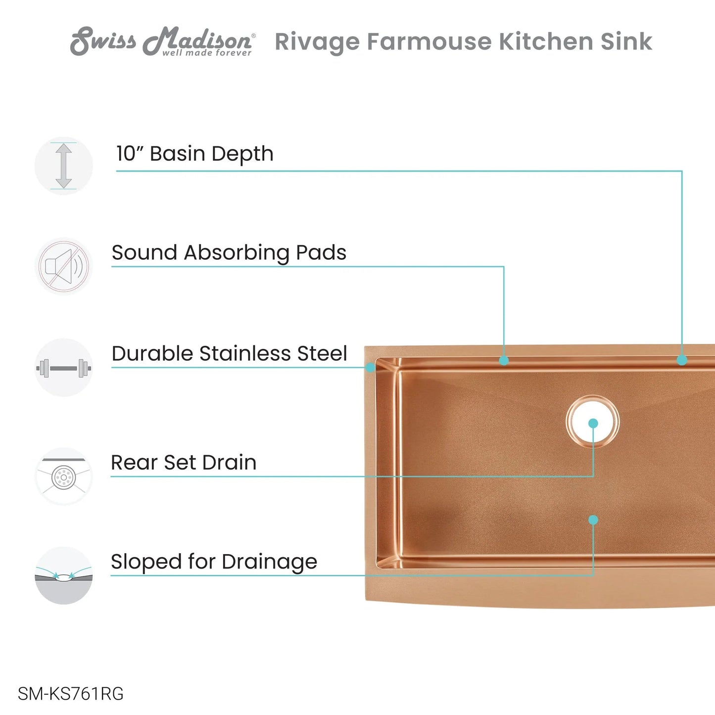 Swiss Madison Rivage 36" Single Rose Gold Stainless Steel Farmhouse Kitchen Sink With Apron