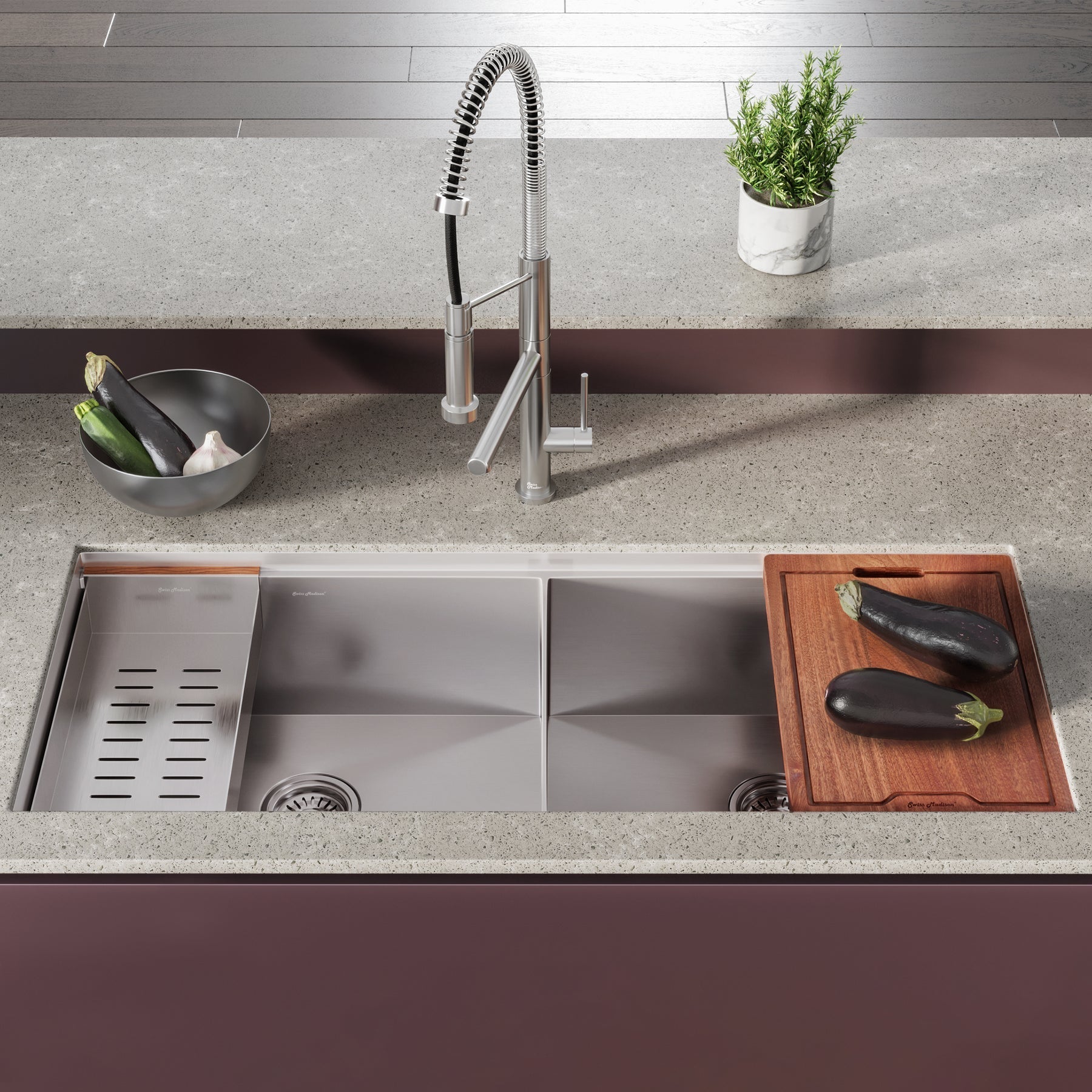 Swiss Madison Rivage 45" x 19" Double Basin 50/50 Stainless Steel Undermount Kitchen Workstation Sink With Drain, Cutting Board and Colander