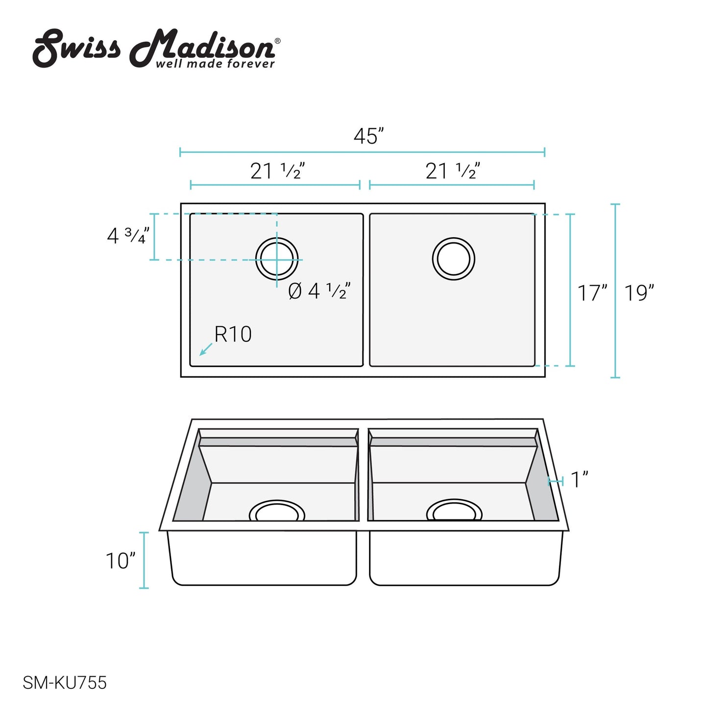 Swiss Madison Rivage 45" x 19" Double Basin 50/50 Stainless Steel Undermount Kitchen Workstation Sink With Drain, Cutting Board and Colander