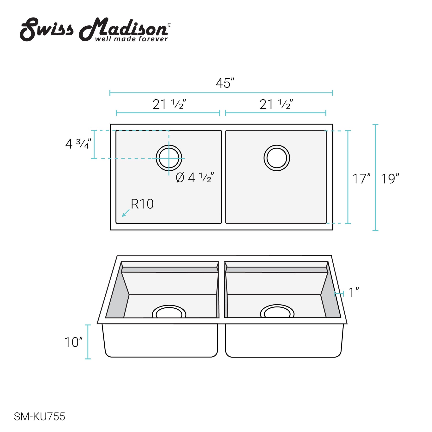 Swiss Madison Rivage 45" x 19" Double Basin 50/50 Stainless Steel Undermount Kitchen Workstation Sink With Drain, Cutting Board and Colander