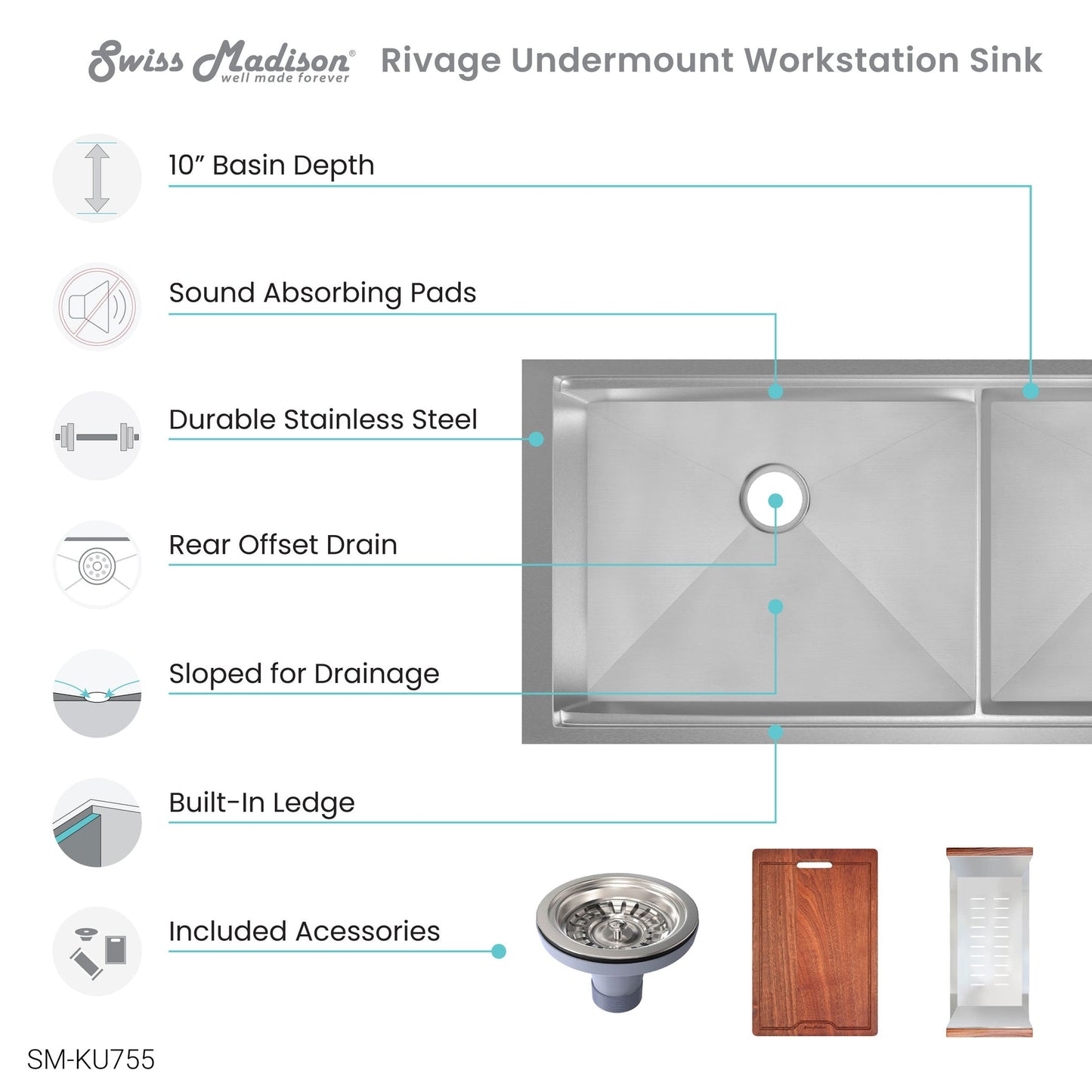 Swiss Madison Rivage 45" x 19" Double Basin 50/50 Stainless Steel Undermount Kitchen Workstation Sink With Drain, Cutting Board and Colander