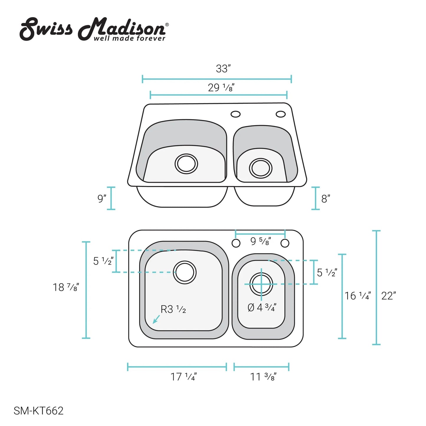 Swiss Madison SM-KT662 Ouvert 33" Double Stainless Steel Top-Mount Kitchen Sink