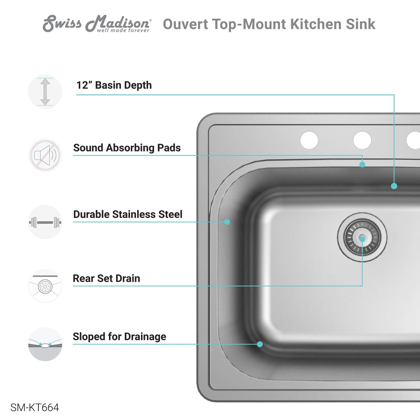 Swiss Madison SM-KT664 Ouvert 25" Single Stainless Steel Top-Mount Kitchen Sink