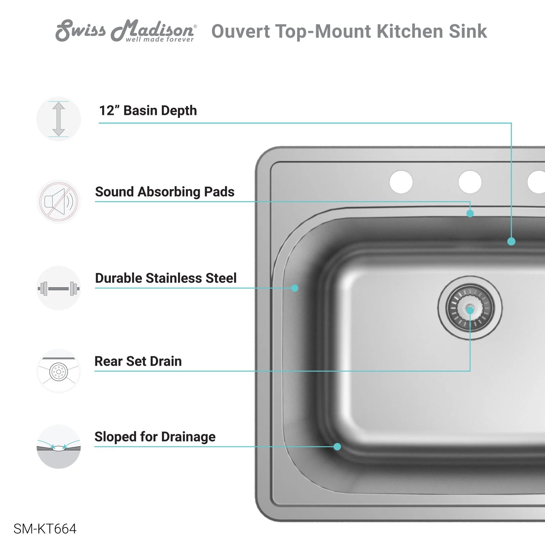 Swiss Madison SM-KT664 Ouvert 25" Single Stainless Steel Top-Mount Kitchen Sink