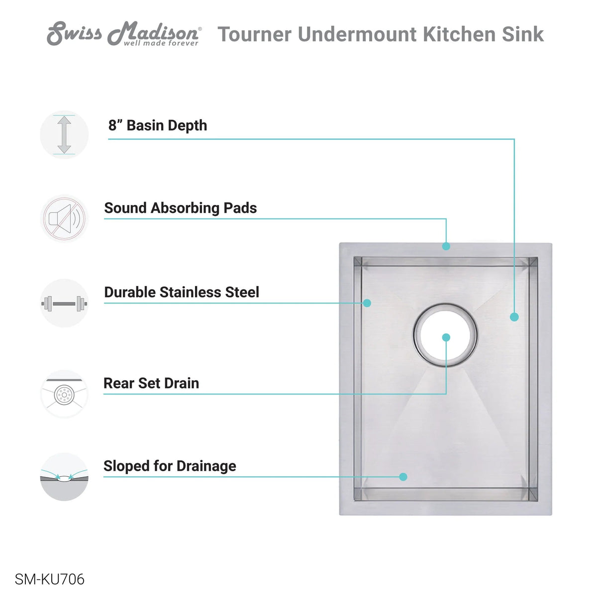 Swiss Madison Tourner 14" x 18" Single Stainless Steel Undermount Kitchen Sink