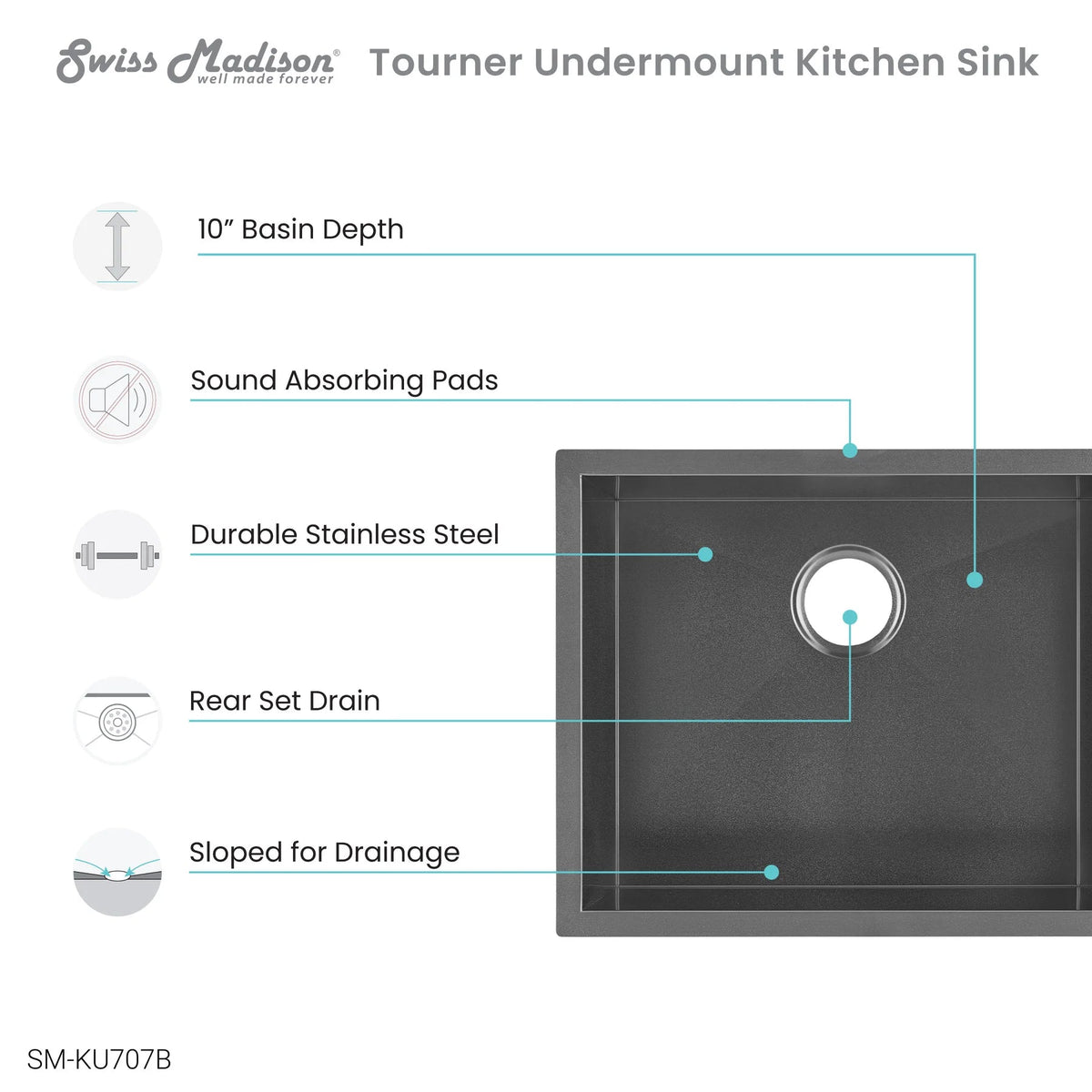 Swiss Madison Tourner 21" x 18" Single Black Stainless Steel Undermount Kitchen Sink
