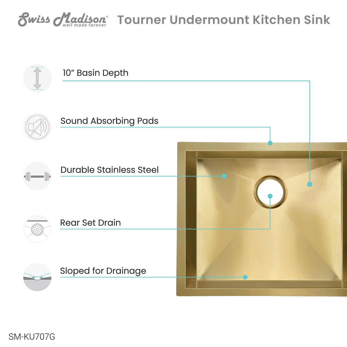 Swiss Madison Tourner 21" x 18" Single Gold Stainless Steel Undermount Kitchen Sink
