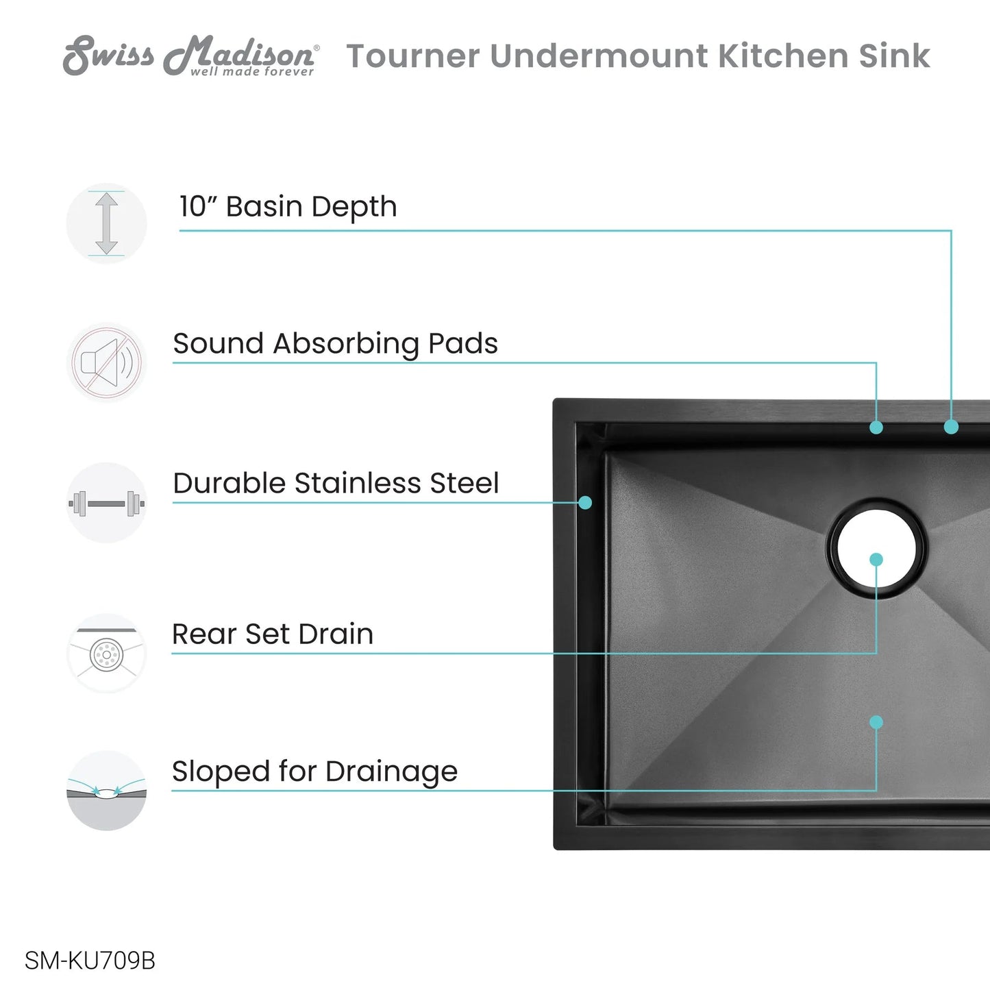 Swiss Madison Tourner 27" x 19" Single Black Stainless Steel Undermount Kitchen Sink
