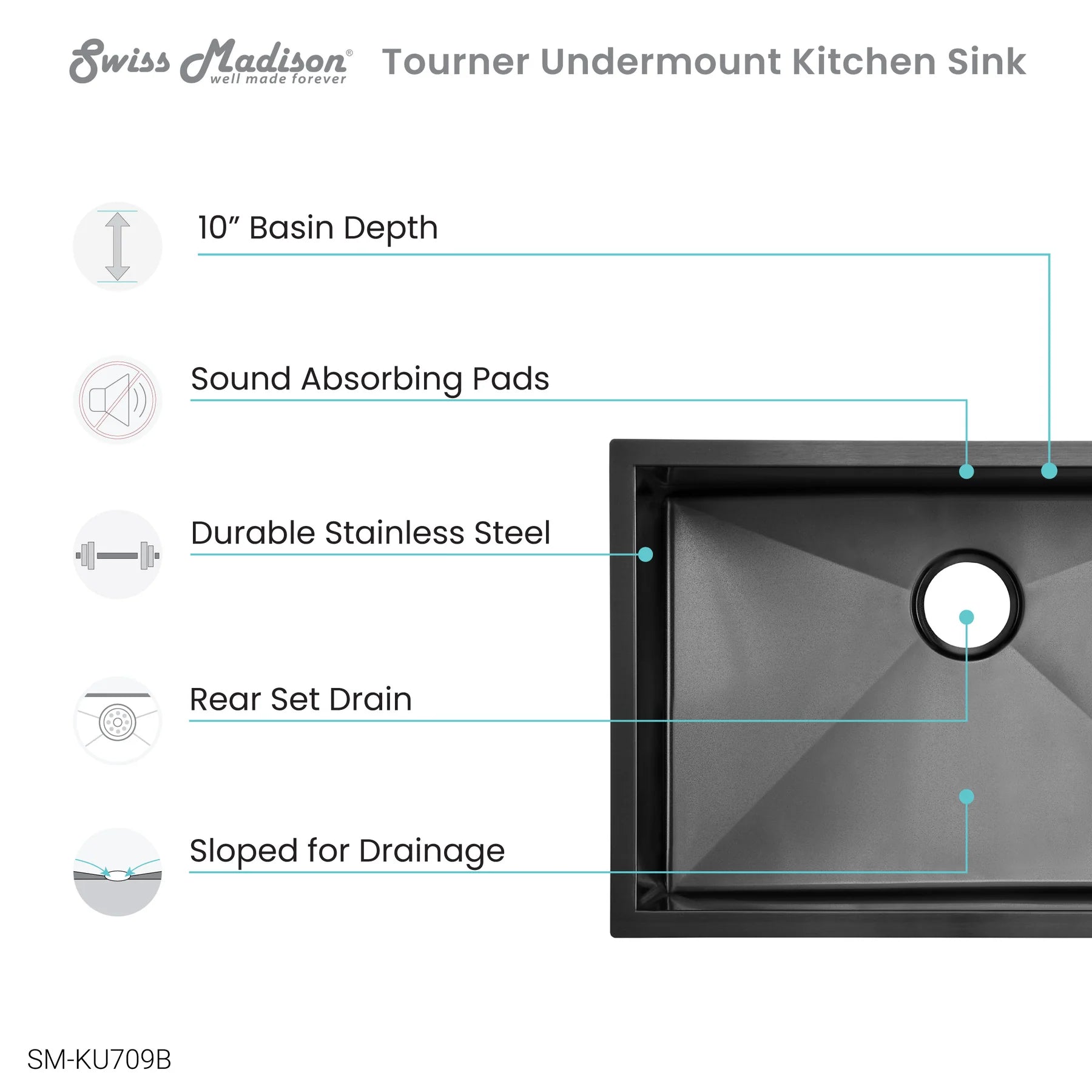 Swiss Madison Tourner 27" x 19" Single Black Stainless Steel Undermount Kitchen Sink