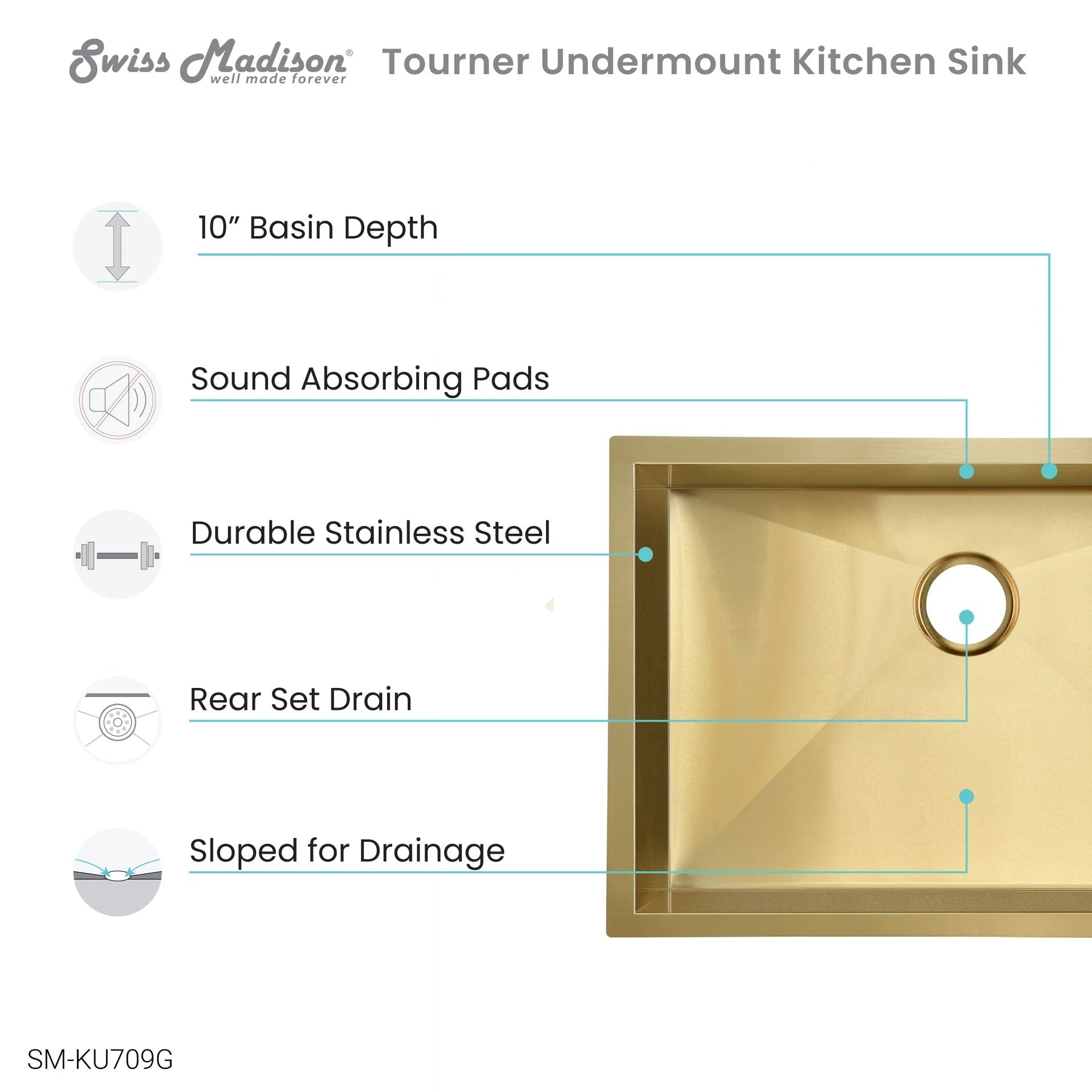 Swiss Madison Tourner 27" x 19" Single Gold Stainless Steel Undermount Kitchen Sink
