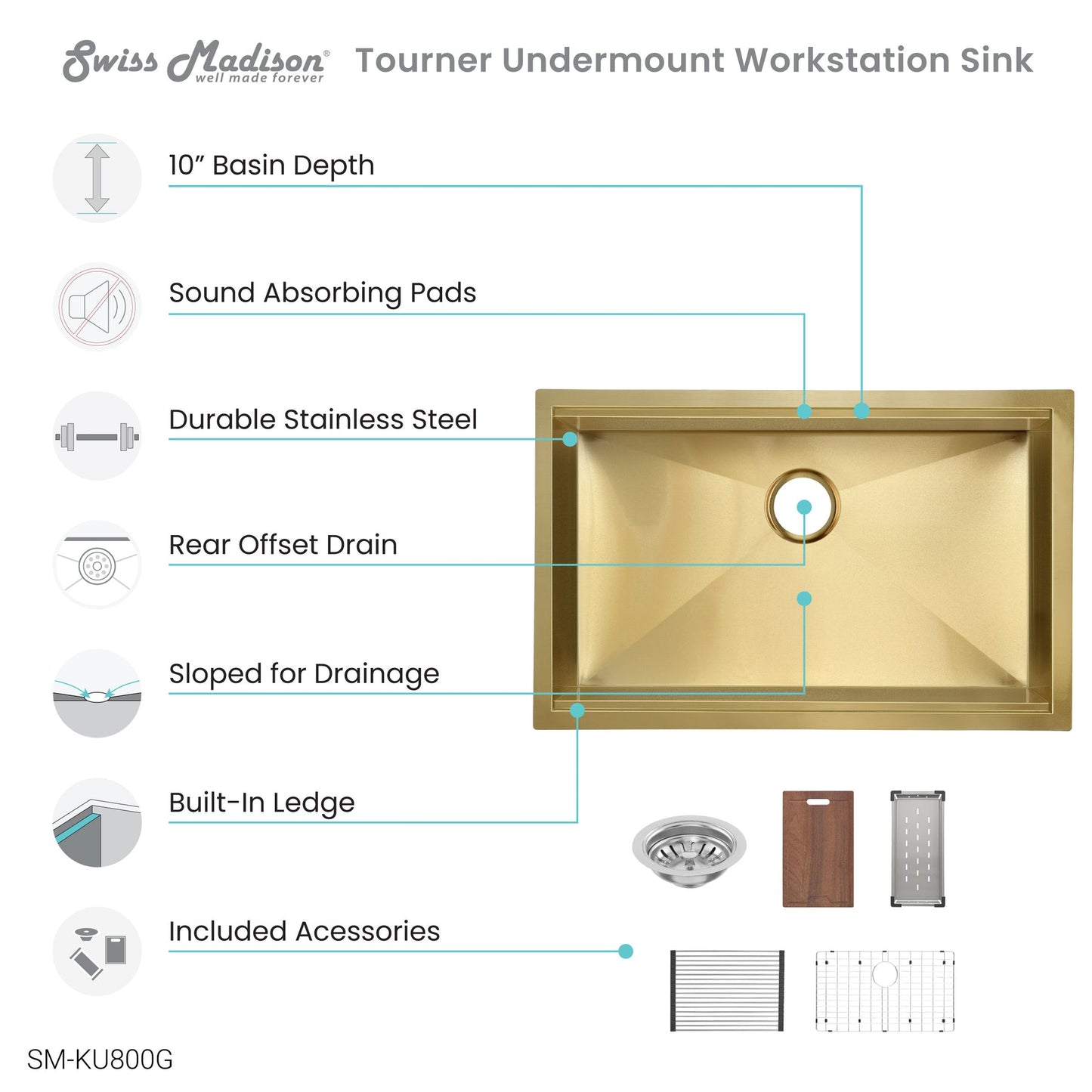 Swiss Madison Tourner 30" x 19" Gold Single Basin Stainless Steel Undermount Kitchen Workstation Sink With Drain, Cutting Board, Bottom Grid, Colander and Drying Rack