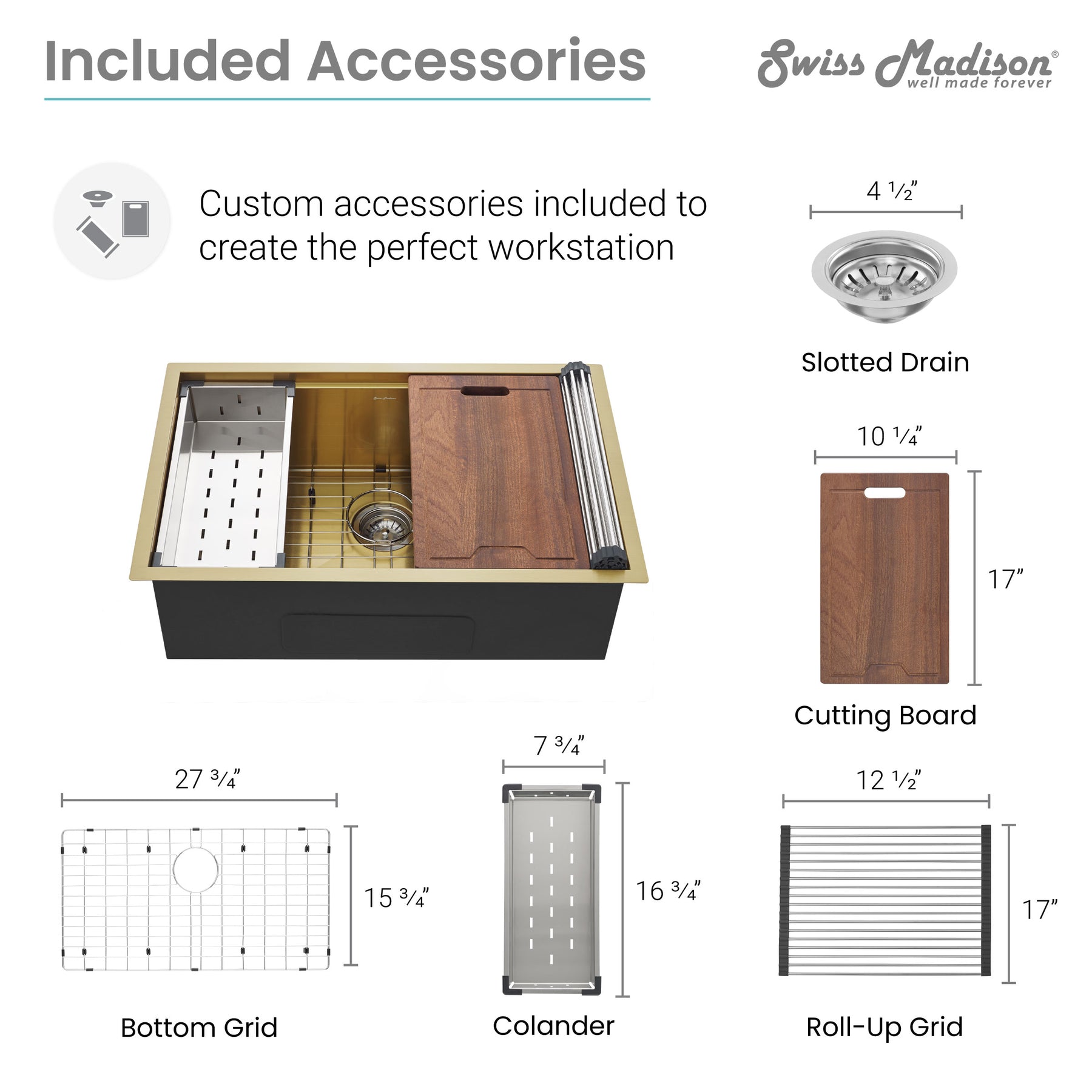 Swiss Madison Tourner 30" x 19" Gold Single Basin Stainless Steel Undermount Kitchen Workstation Sink With Drain, Cutting Board, Bottom Grid, Colander and Drying Rack