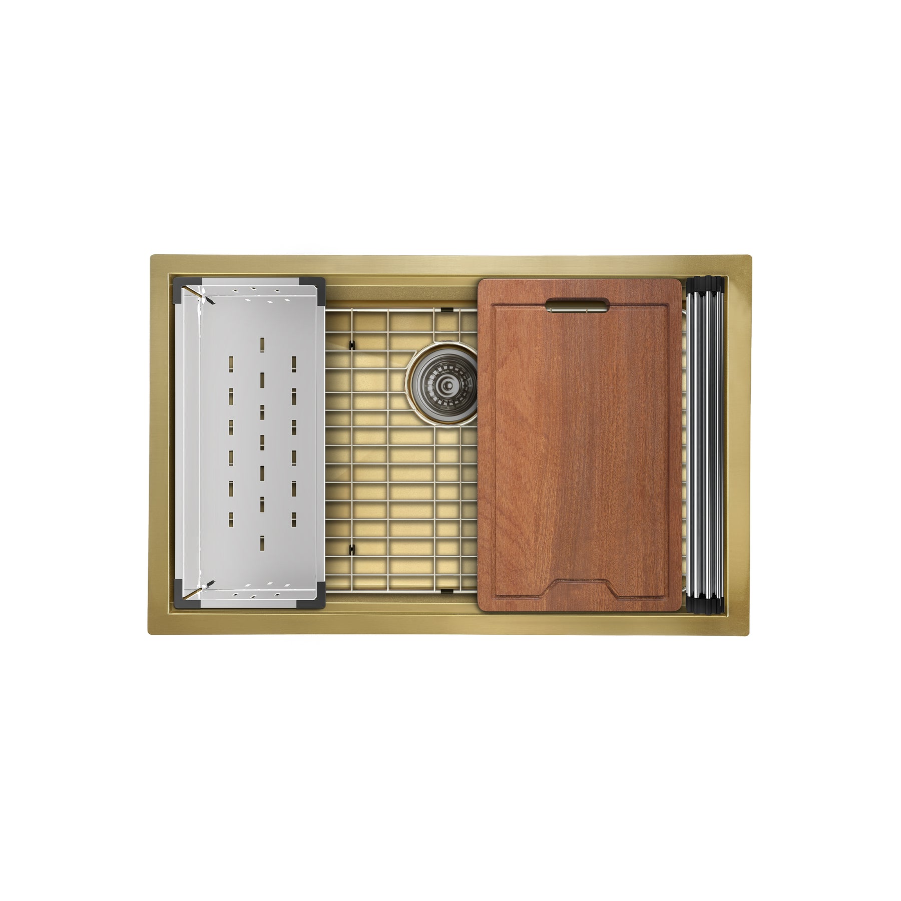 Swiss Madison Tourner 30" x 19" Gold Single Basin Stainless Steel Undermount Kitchen Workstation Sink With Drain, Cutting Board, Bottom Grid, Colander and Drying Rack
