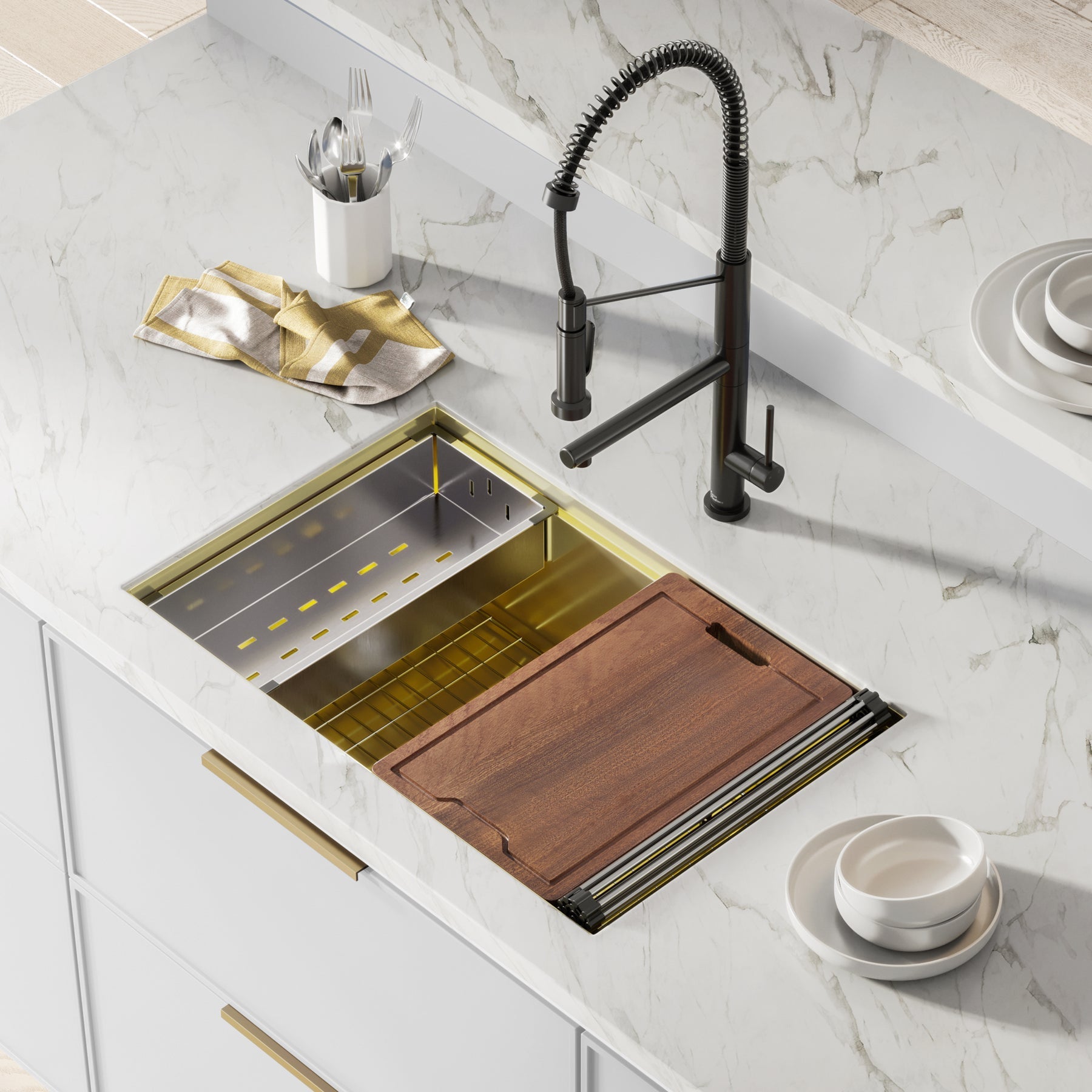 Swiss Madison Tourner 30" x 19" Gold Single Basin Stainless Steel Undermount Kitchen Workstation Sink With Drain, Cutting Board, Bottom Grid, Colander and Drying Rack