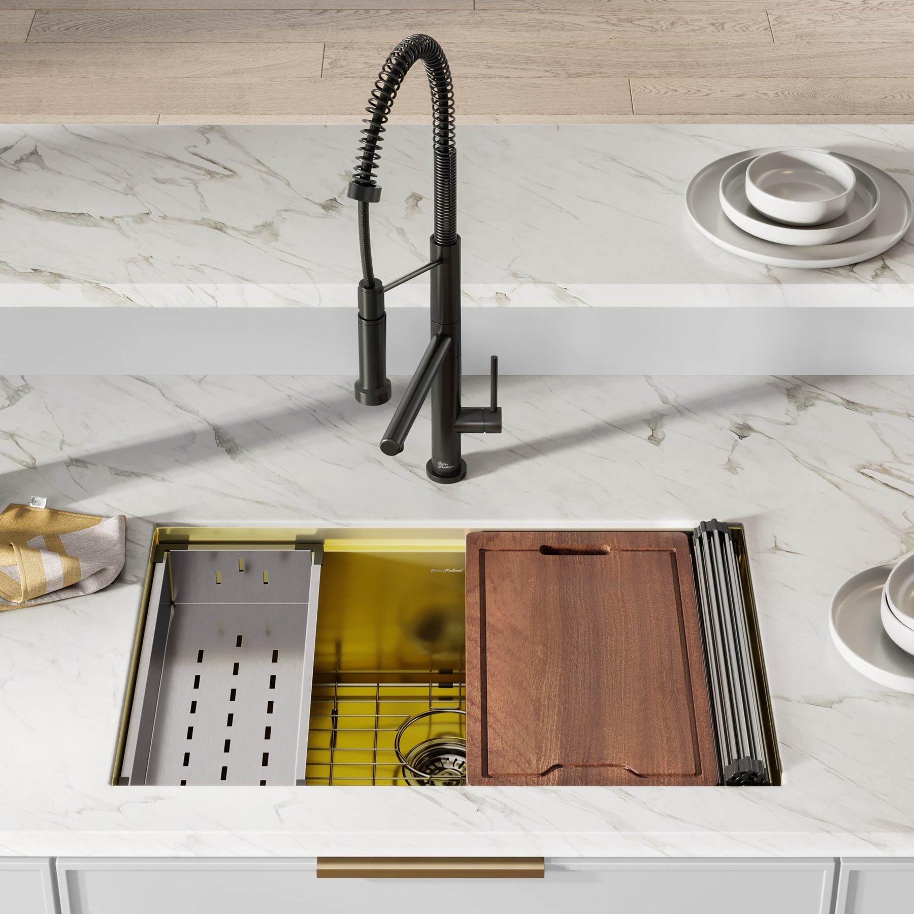 Swiss Madison Tourner 30" x 19" Gold Single Basin Stainless Steel Undermount Kitchen Workstation Sink With Drain, Cutting Board, Bottom Grid, Colander and Drying Rack