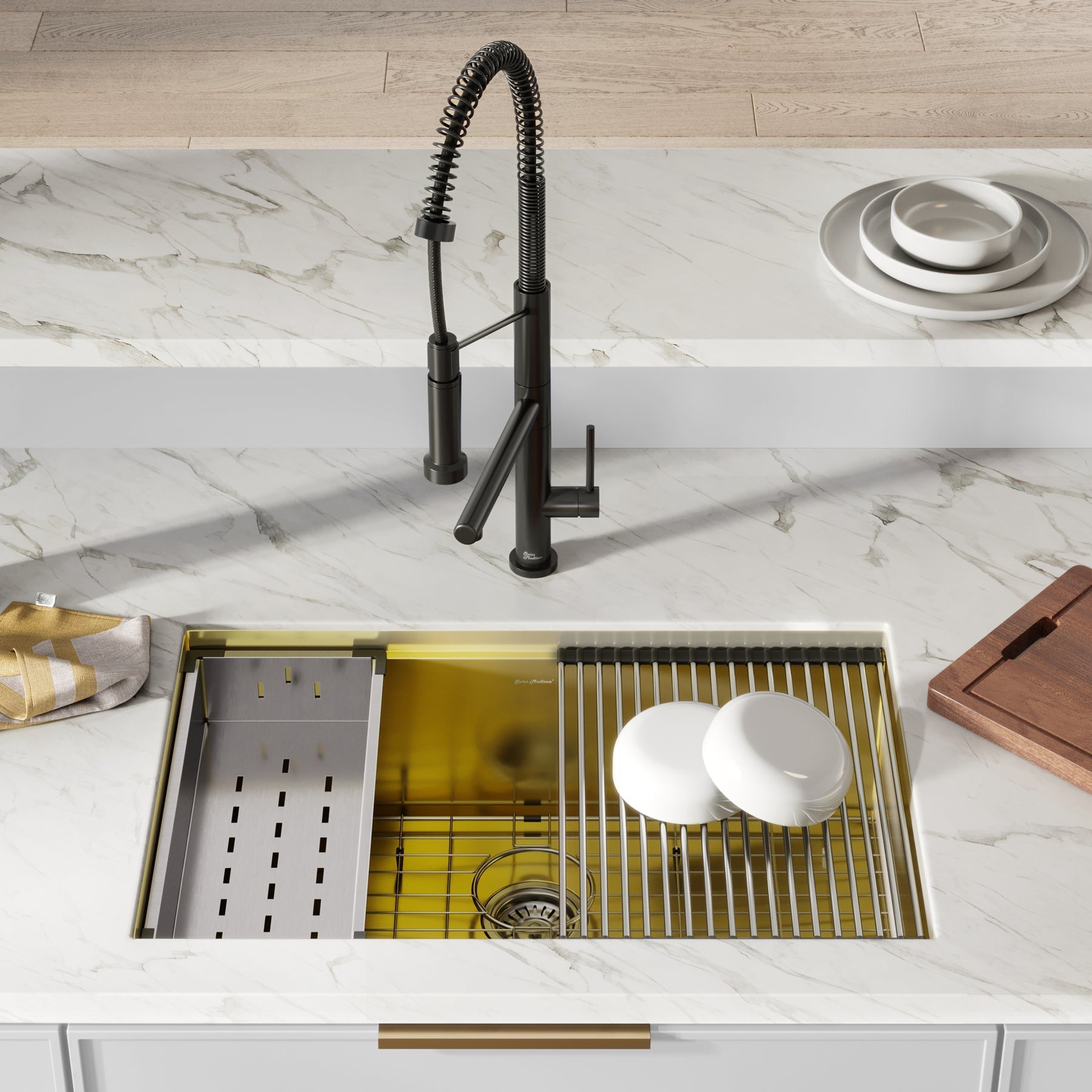 Swiss Madison Tourner 30" x 19" Gold Single Basin Stainless Steel Undermount Kitchen Workstation Sink With Drain, Cutting Board, Bottom Grid, Colander and Drying Rack