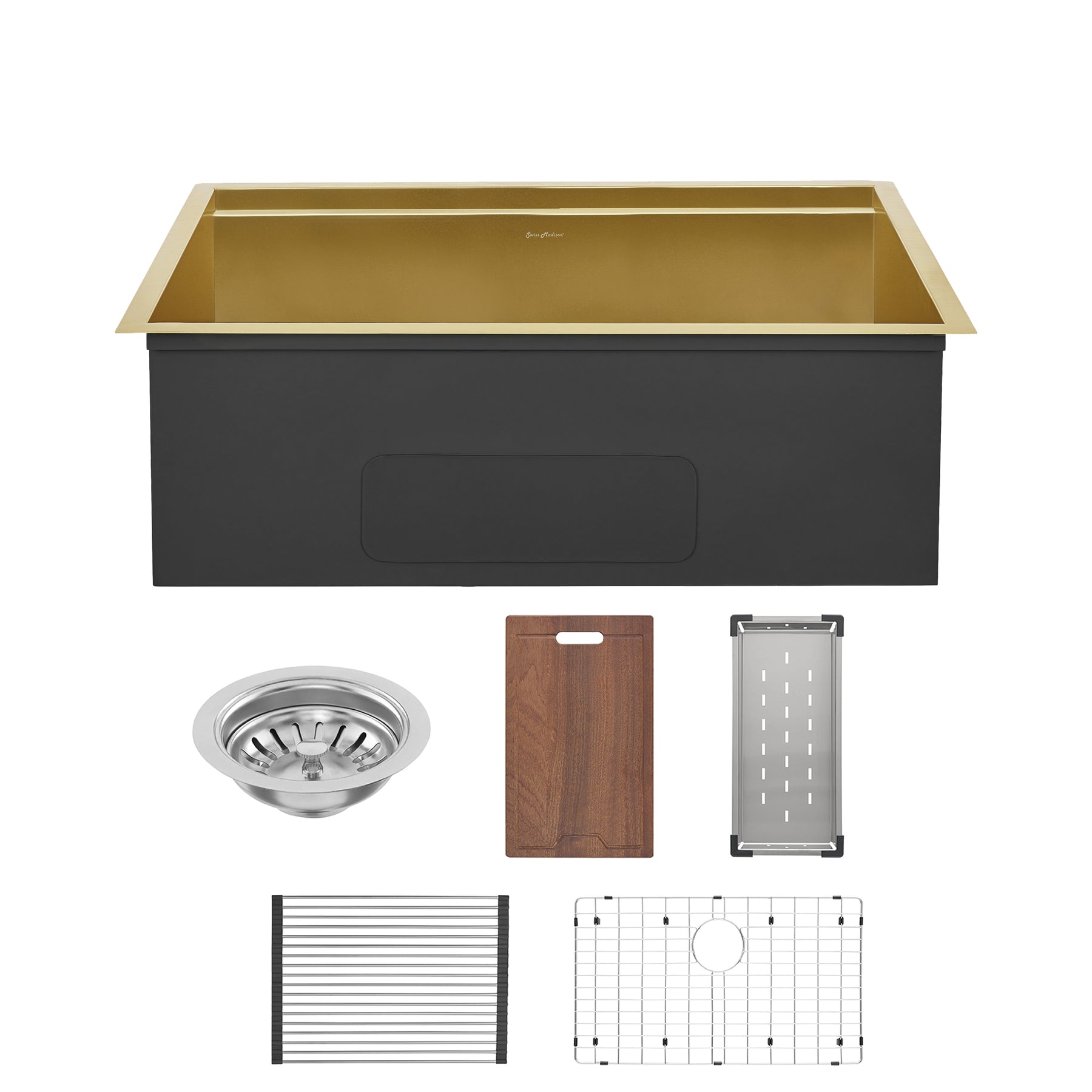 Swiss Madison Tourner 30" x 19" Gold Single Basin Stainless Steel Undermount Kitchen Workstation Sink With Drain, Cutting Board, Bottom Grid, Colander and Drying Rack