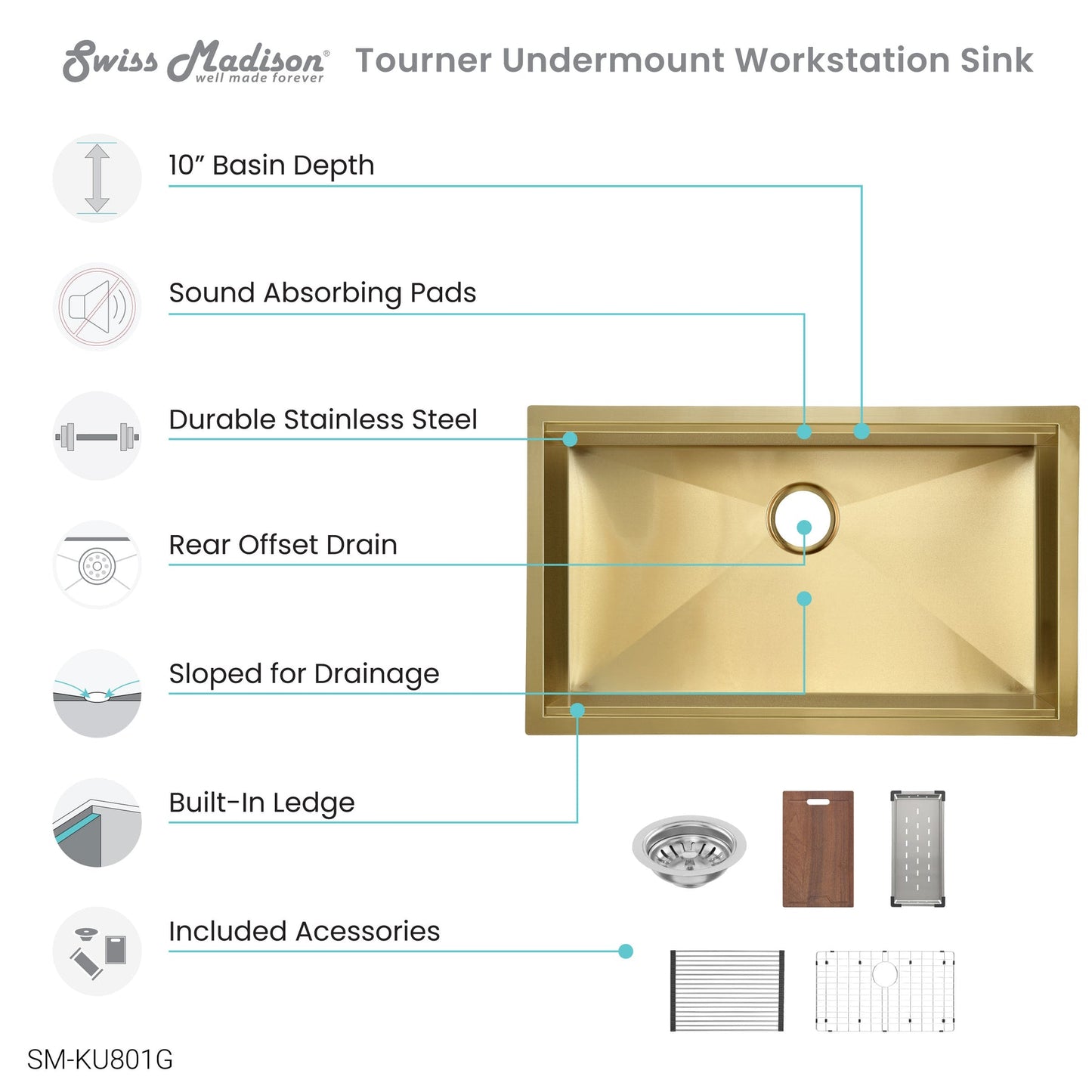 Swiss Madison Tourner 32" x 19" Gold Single Basin Stainless Steel Undermount Kitchen Workstation Sink With Drain, Cutting Board, Bottom Grid, Colander and Drying Rack