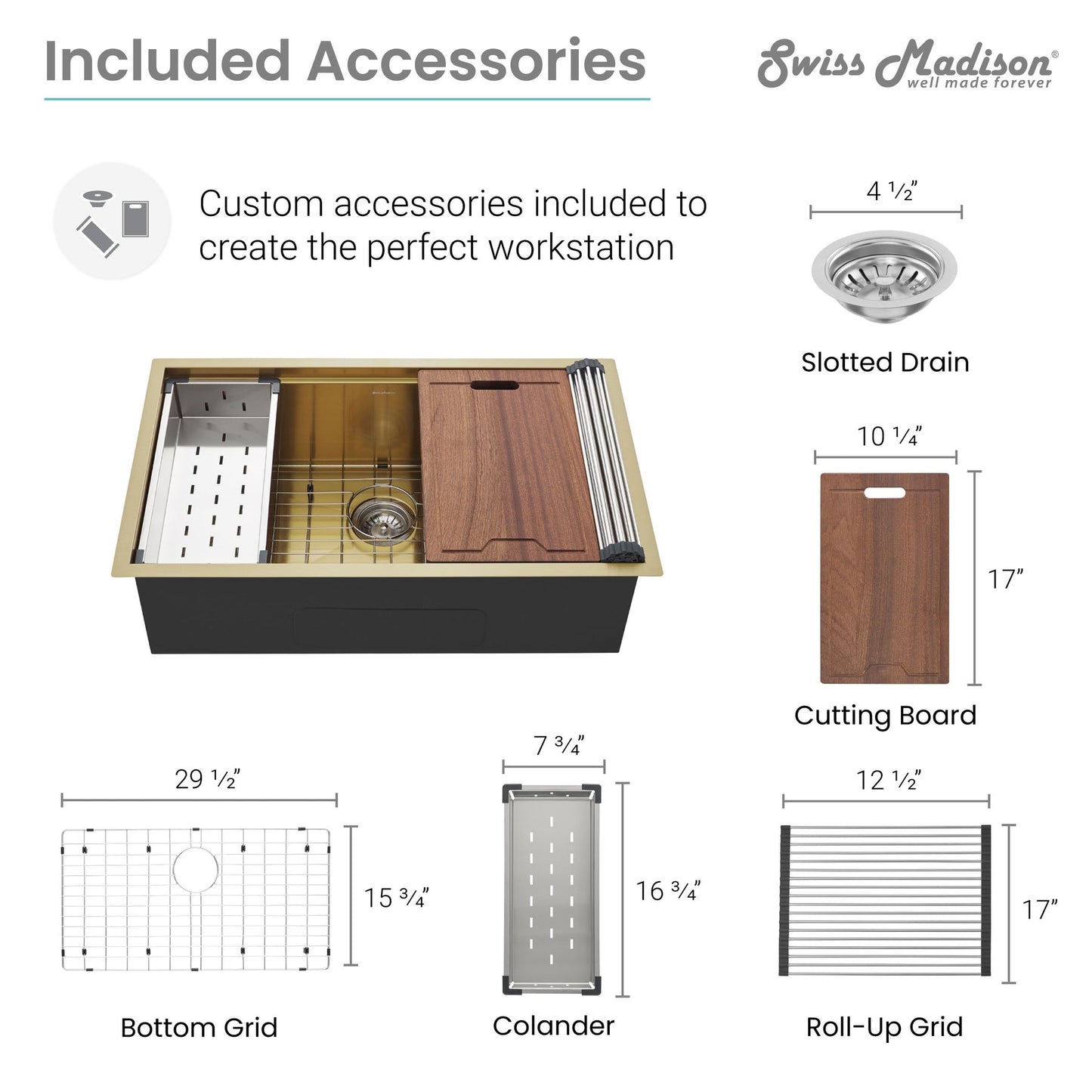 Swiss Madison Tourner 32" x 19" Gold Single Basin Stainless Steel Undermount Kitchen Workstation Sink With Drain, Cutting Board, Bottom Grid, Colander and Drying Rack