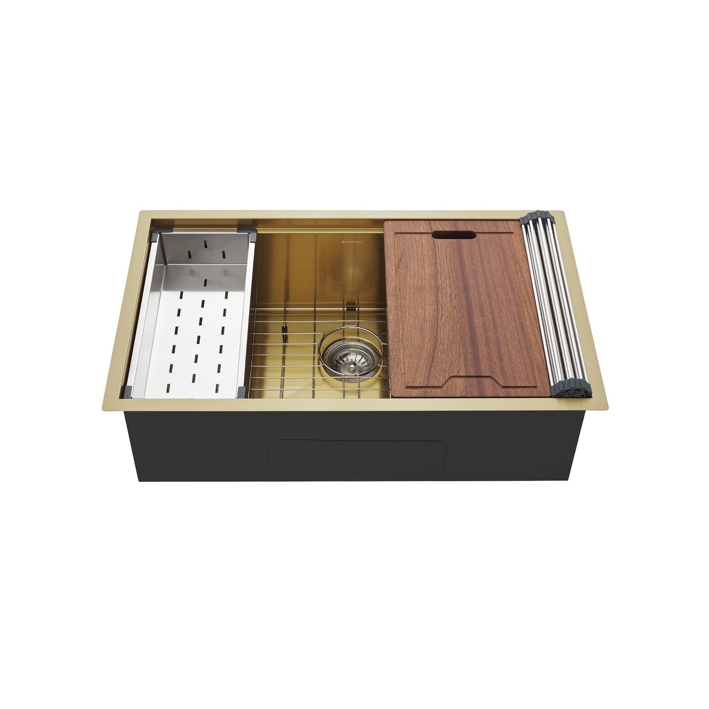Swiss Madison Tourner 32" x 19" Gold Single Basin Stainless Steel Undermount Kitchen Workstation Sink With Drain, Cutting Board, Bottom Grid, Colander and Drying Rack