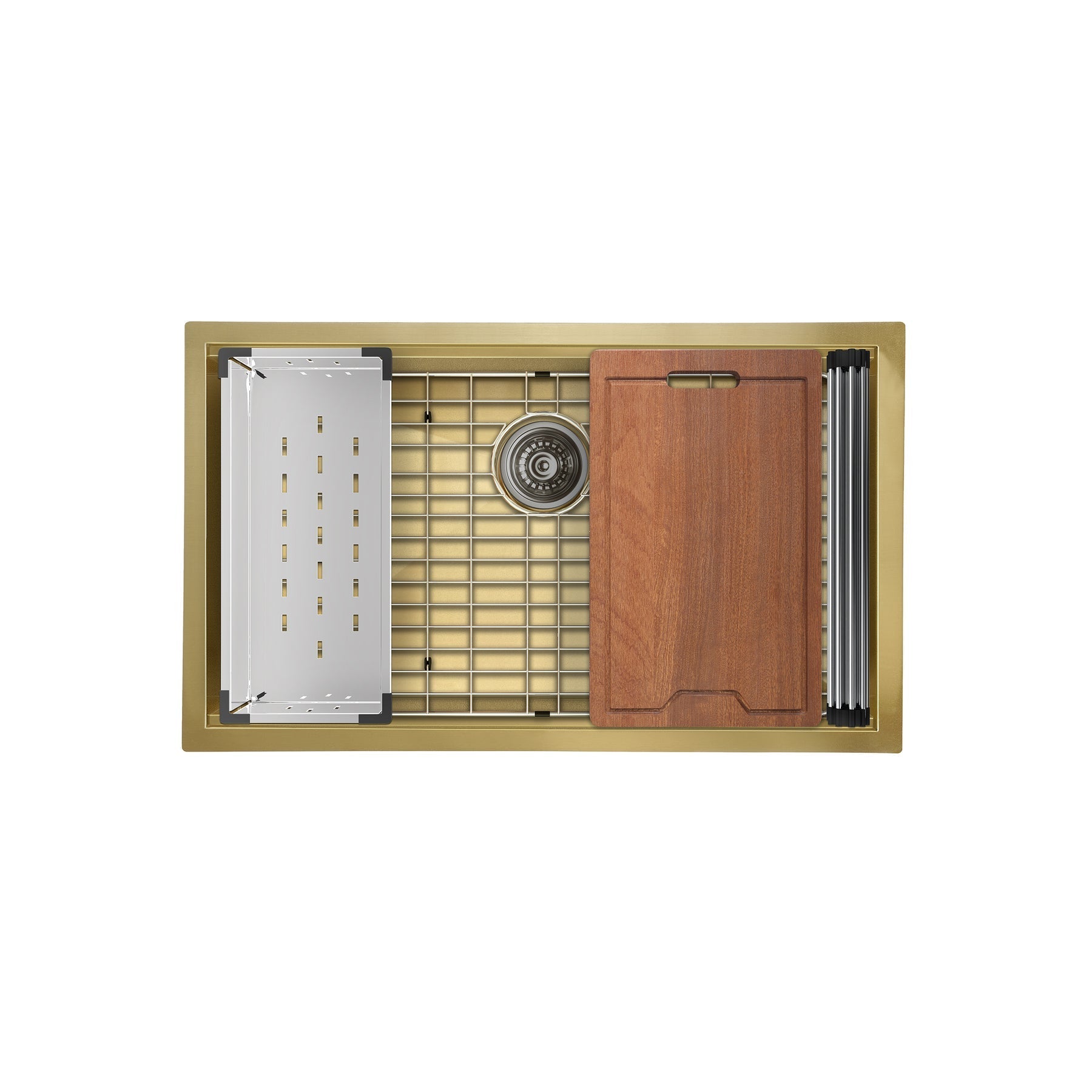 Swiss Madison Tourner 32" x 19" Gold Single Basin Stainless Steel Undermount Kitchen Workstation Sink With Drain, Cutting Board, Bottom Grid, Colander and Drying Rack