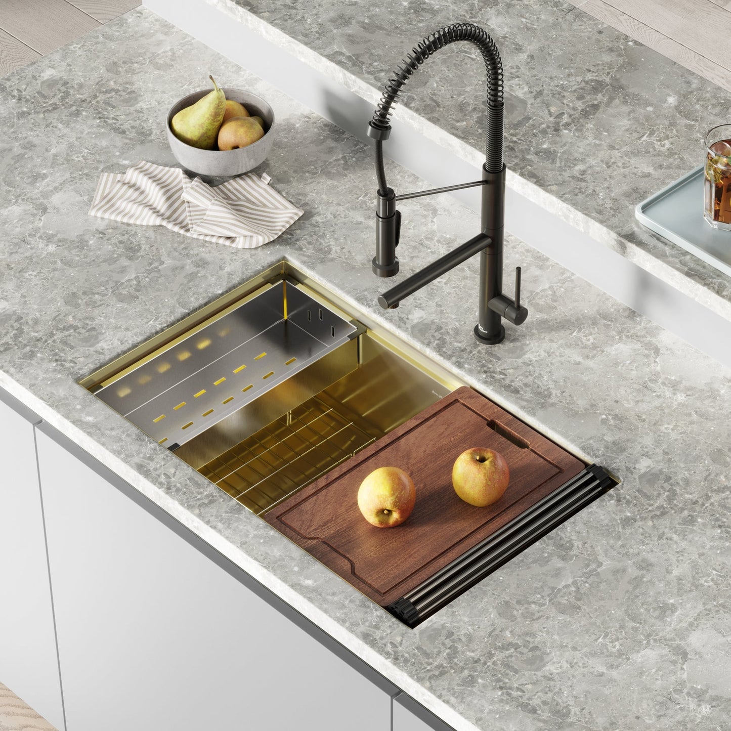 Swiss Madison Tourner 32" x 19" Gold Single Basin Stainless Steel Undermount Kitchen Workstation Sink With Drain, Cutting Board, Bottom Grid, Colander and Drying Rack