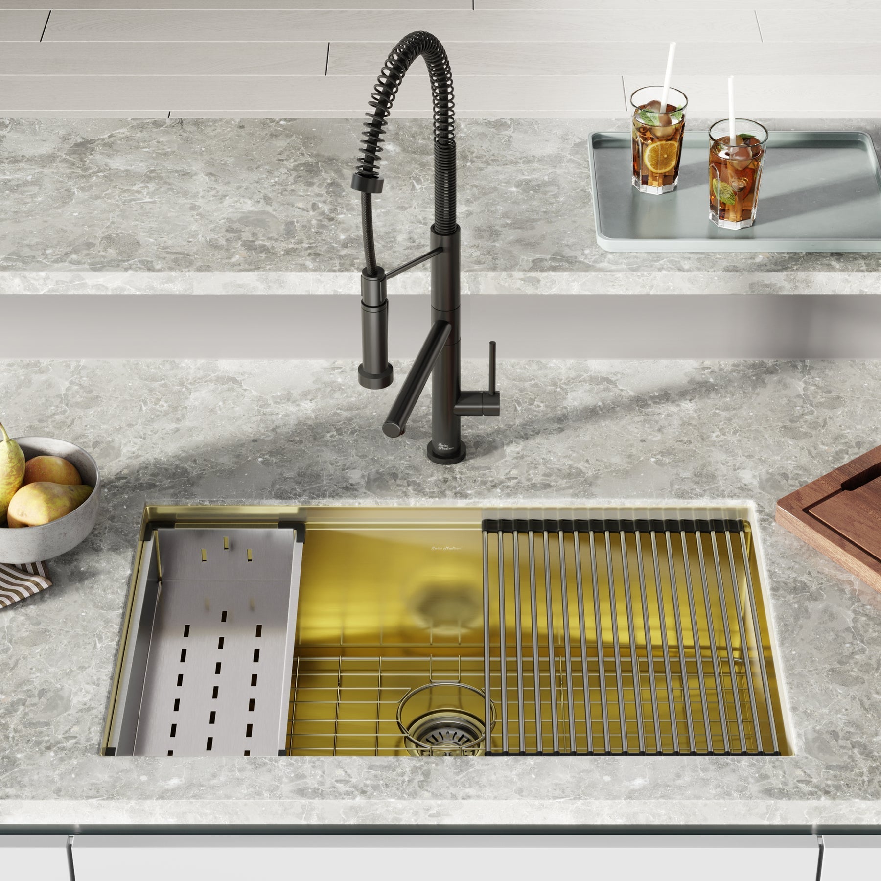 Swiss Madison Tourner 32" x 19" Gold Single Basin Stainless Steel Undermount Kitchen Workstation Sink With Drain, Cutting Board, Bottom Grid, Colander and Drying Rack