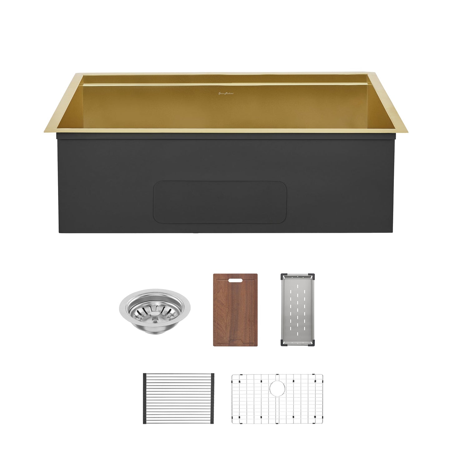 Swiss Madison Tourner 32" x 19" Gold Single Basin Stainless Steel Undermount Kitchen Workstation Sink With Drain, Cutting Board, Bottom Grid, Colander and Drying Rack