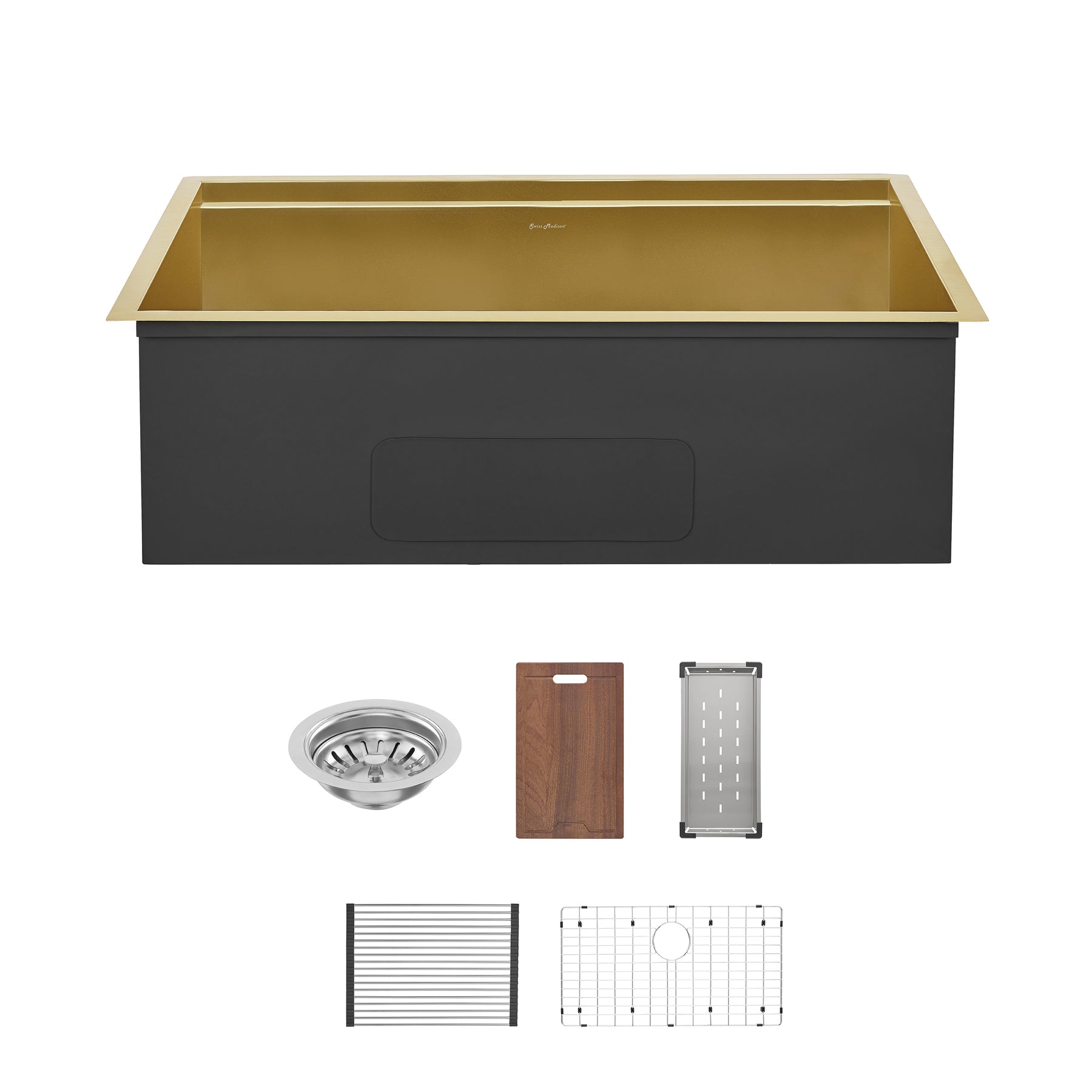 Swiss Madison Tourner 32" x 19" Gold Single Basin Stainless Steel Undermount Kitchen Workstation Sink With Drain, Cutting Board, Bottom Grid, Colander and Drying Rack