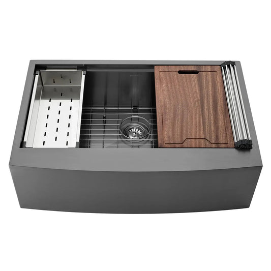Swiss Madison Tourner 33" Black PVD Single Bowl Stainless Steel Farmhouse Kitchen Workstation Sink With Black Apron, Cutting Board, Colander, Roll-Up Dryer Rack, Bottom Grid, and Strainer With Tailpipe
