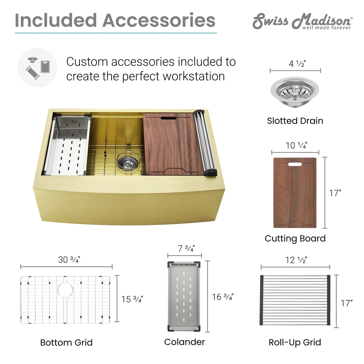 Swiss Madison Tourner 33" Gold PVD Single Bowl Stainless Steel Farmhouse Kitchen Workstation Sink With Gold Apron, Cutting Board, Colander, Roll-Up Dryer Rack, Bottom Grid, and Strainer With Tailpipe