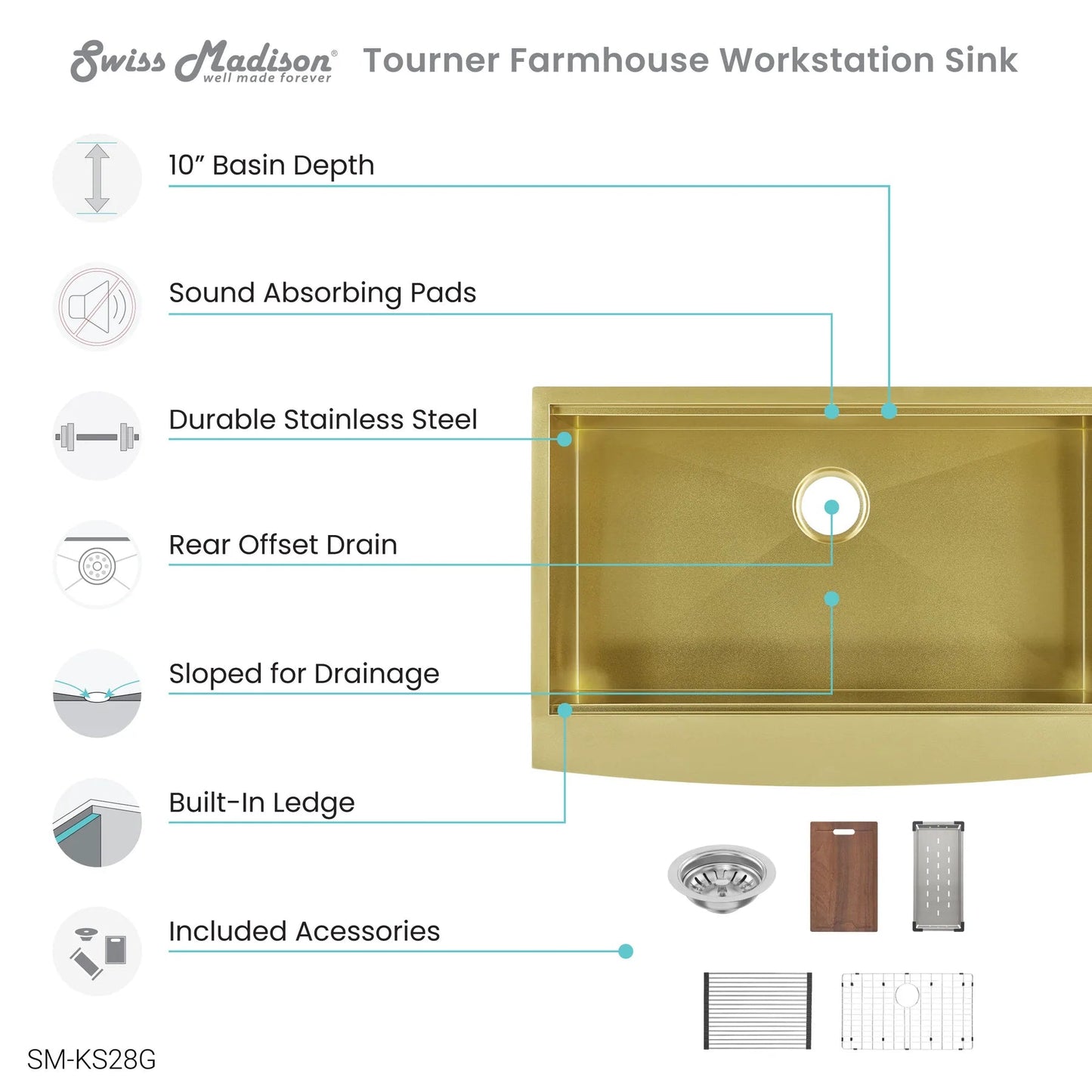 Swiss Madison Tourner 33" Gold PVD Single Bowl Stainless Steel Farmhouse Kitchen Workstation Sink With Gold Apron, Cutting Board, Colander, Roll-Up Dryer Rack, Bottom Grid, and Strainer With Tailpipe