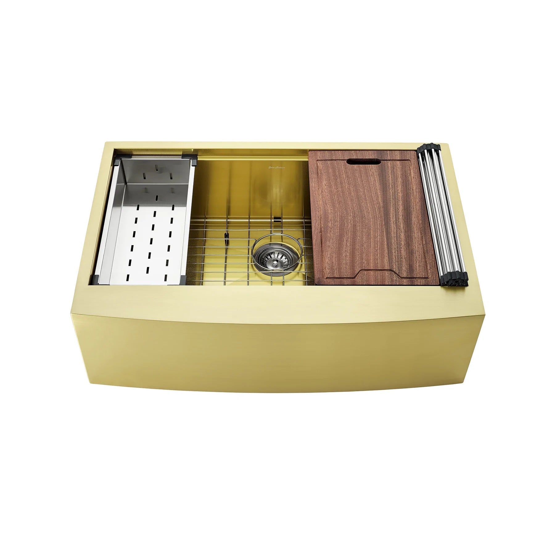 Swiss Madison Tourner 33" Gold PVD Single Bowl Stainless Steel Farmhouse Kitchen Workstation Sink With Gold Apron, Cutting Board, Colander, Roll-Up Dryer Rack, Bottom Grid, and Strainer With Tailpipe