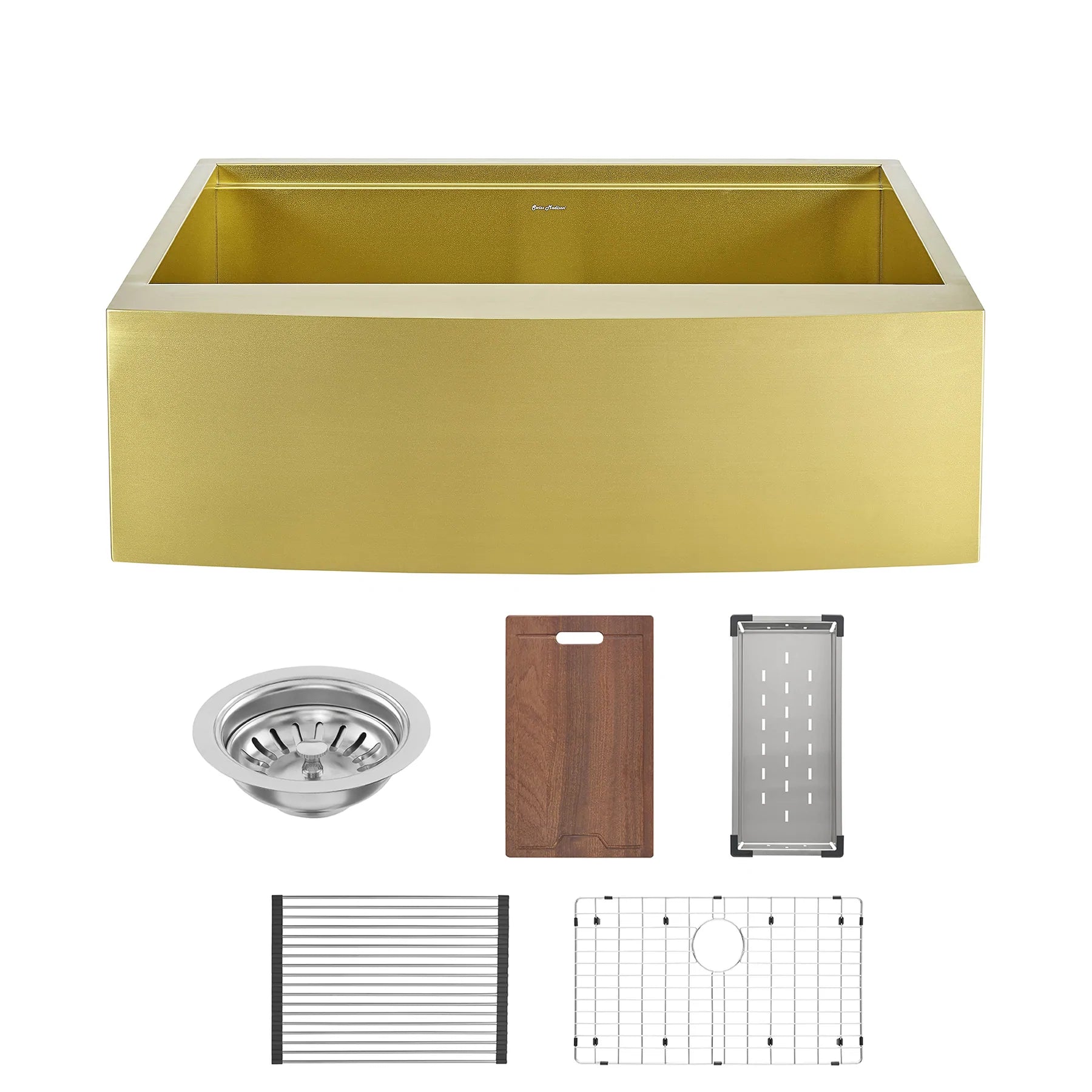 Swiss Madison Tourner 33" Gold PVD Single Bowl Stainless Steel Farmhouse Kitchen Workstation Sink With Gold Apron, Cutting Board, Colander, Roll-Up Dryer Rack, Bottom Grid, and Strainer With Tailpipe