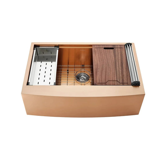 Swiss Madison Tourner 33" Rose Gold PVD Single Bowl Stainless Steel Farmhouse Kitchen Workstation Sink With Rose Gold Apron, Cutting Board, Colander, Roll-Up Dryer Rack, Bottom Grid, and Strainer With Tailpipe