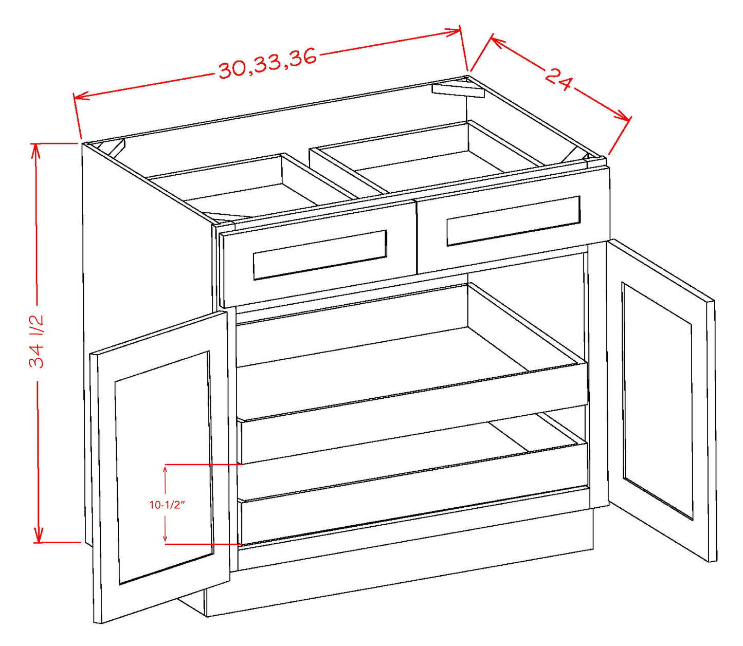 US Cabinet Depot Shaker White 33" Two Rollout Shelf Base Cabinet Kit (SW-B332RS)