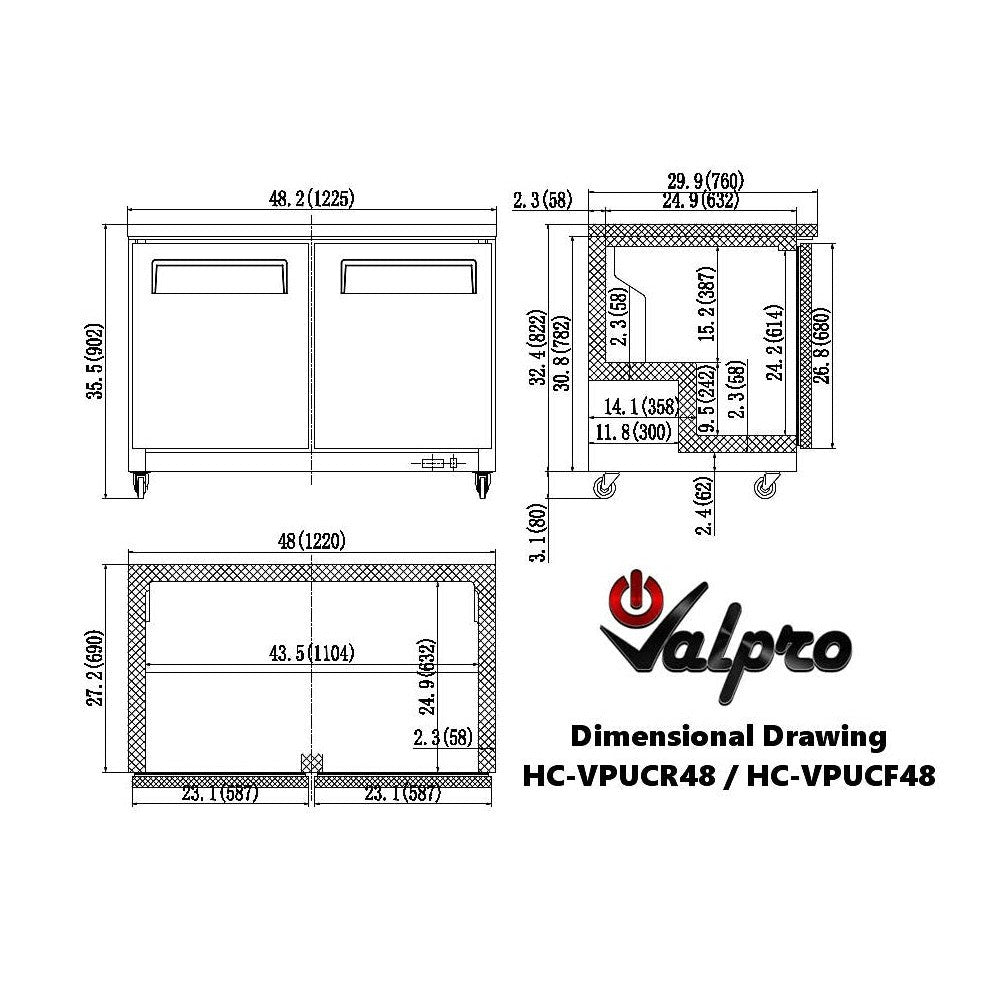 Valpro 12 cu.ft. 48" Stainless Steel Solid 2-Door Under-Counter Refrigerator