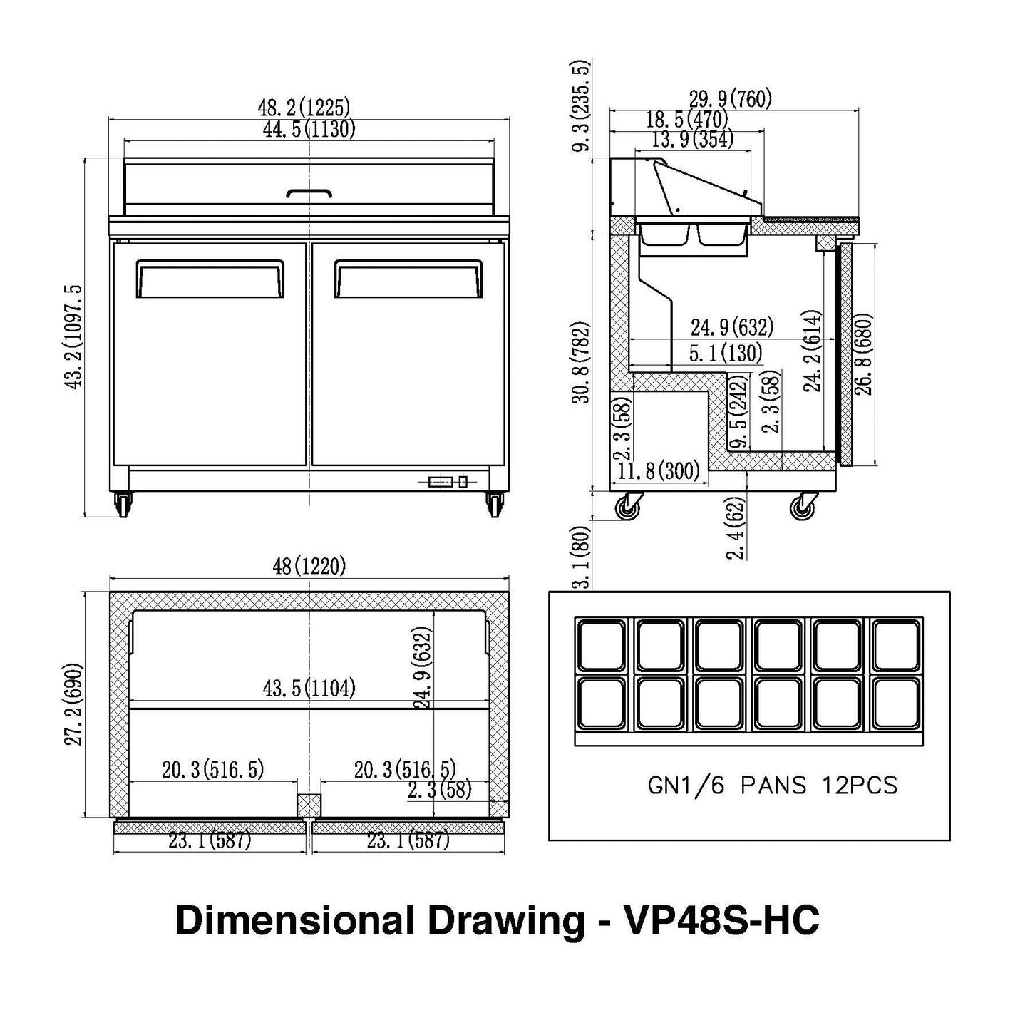 Valpro 48" x 30" Stainless Steel Solid 2-Door Refrigerator With 12-Pan Food Preparation Standard Table Top