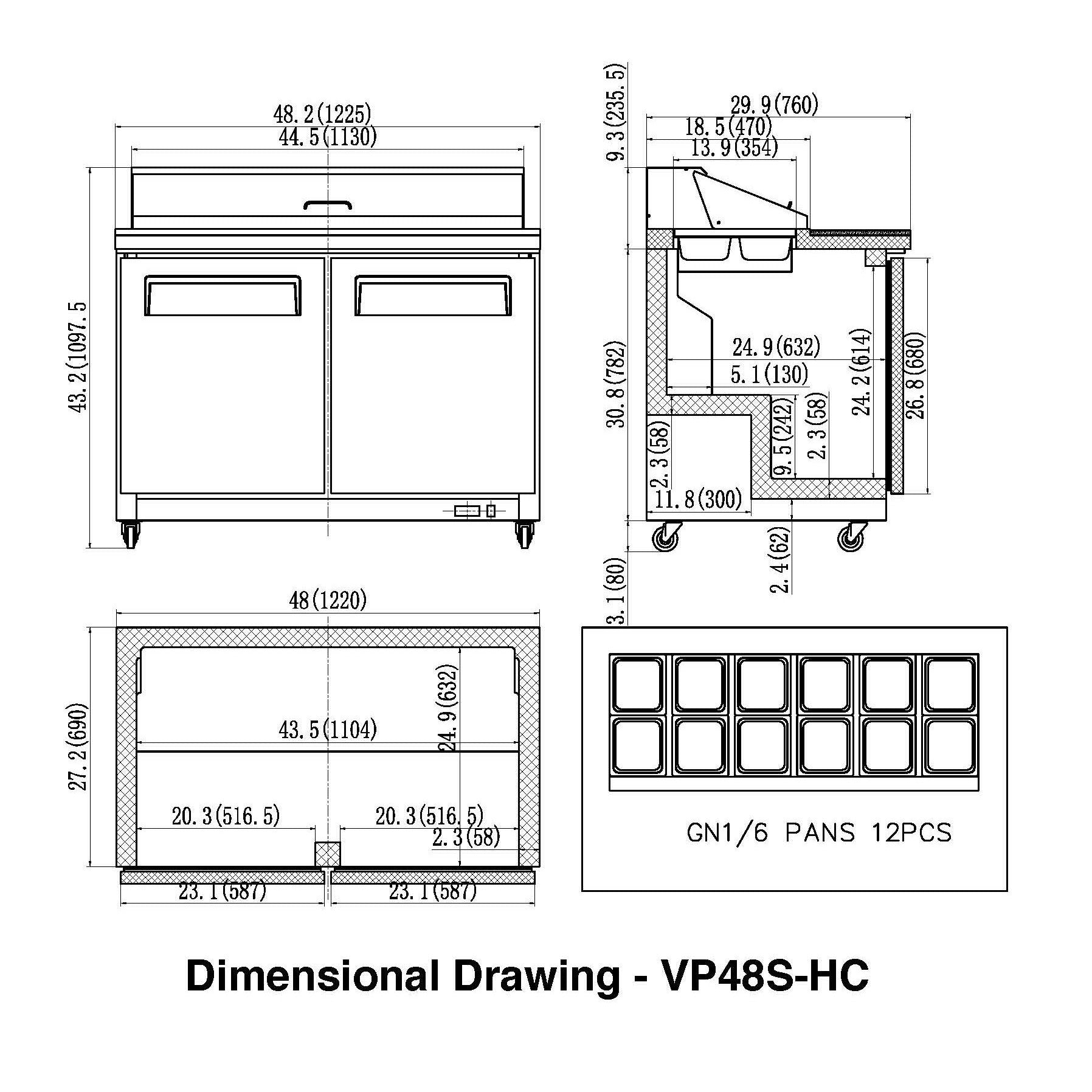 Valpro 48" x 30" Stainless Steel Solid 2-Door Refrigerator With 12-Pan Food Preparation Standard Table Top