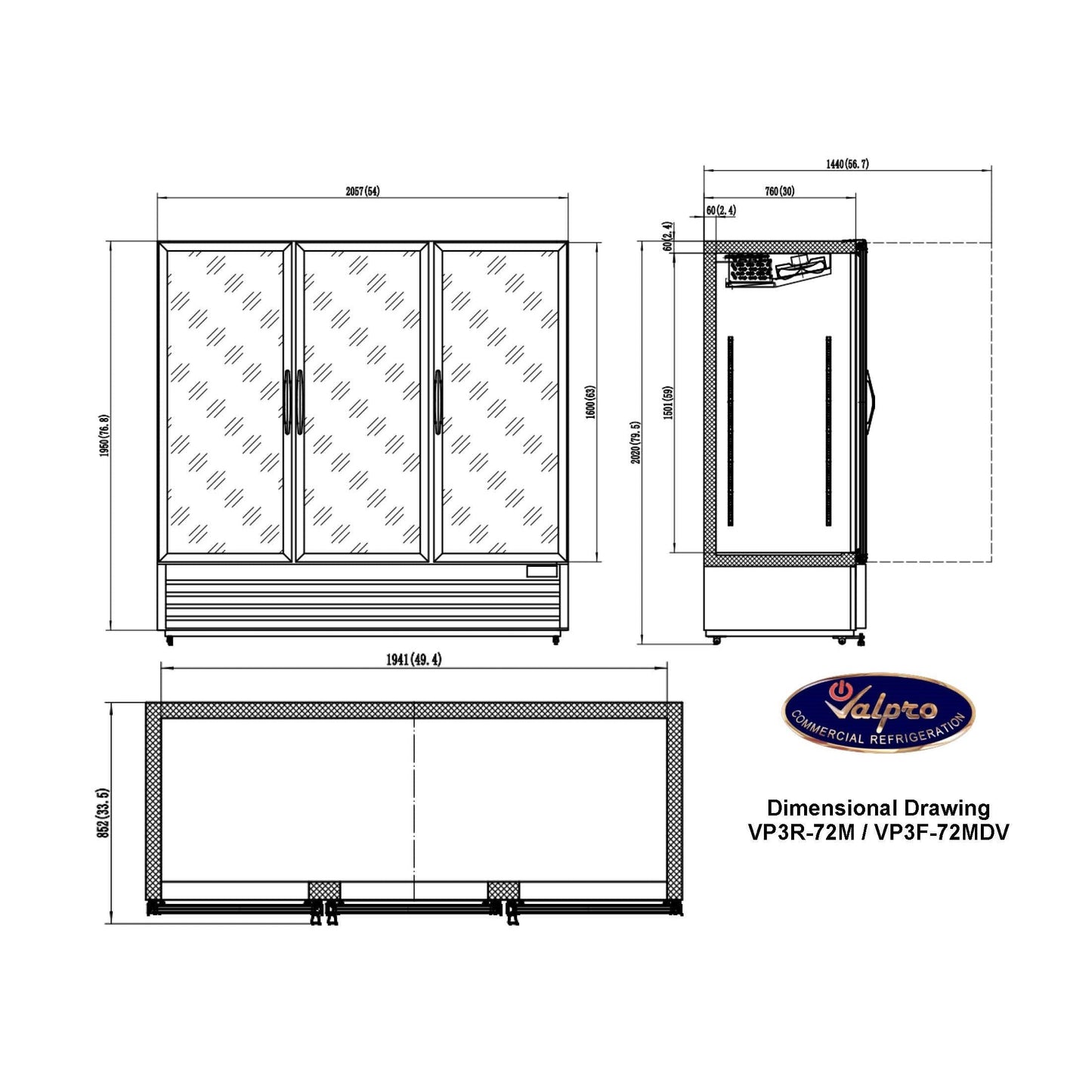 Valpro 72 cu.ft. Merchandiser Double-Volt Freezer With 3 Swing Full Glass Doors