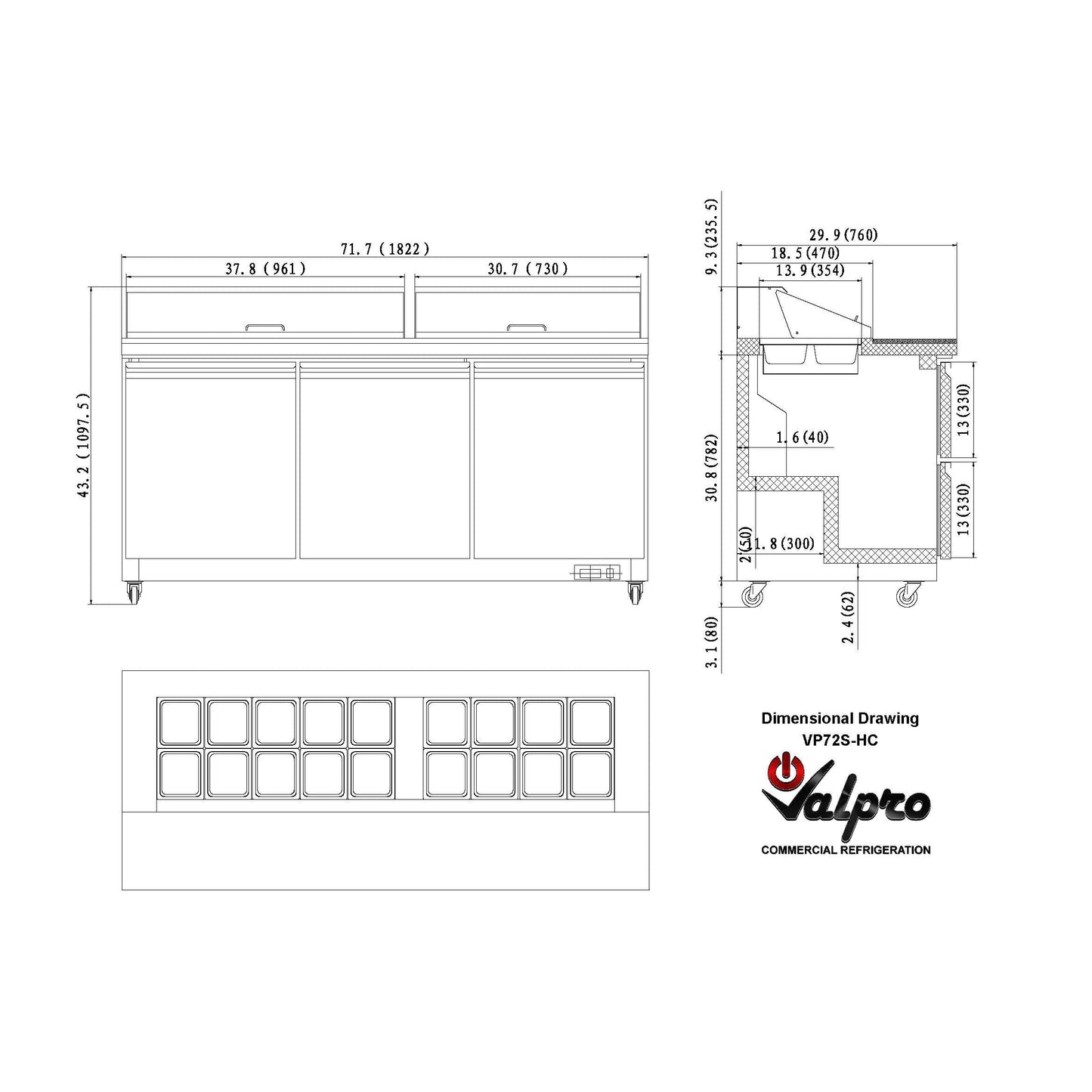 Valpro 72" x 30" Stainless Steel Solid 3-Door Refrigerator With 18-Pan Food Preparation Standard Table Top