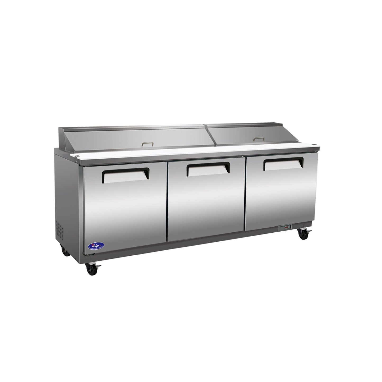 Valpro 72" x 30" Stainless Steel Solid 3-Door Refrigerator With 18-Pan Food Preparation Standard Table Top