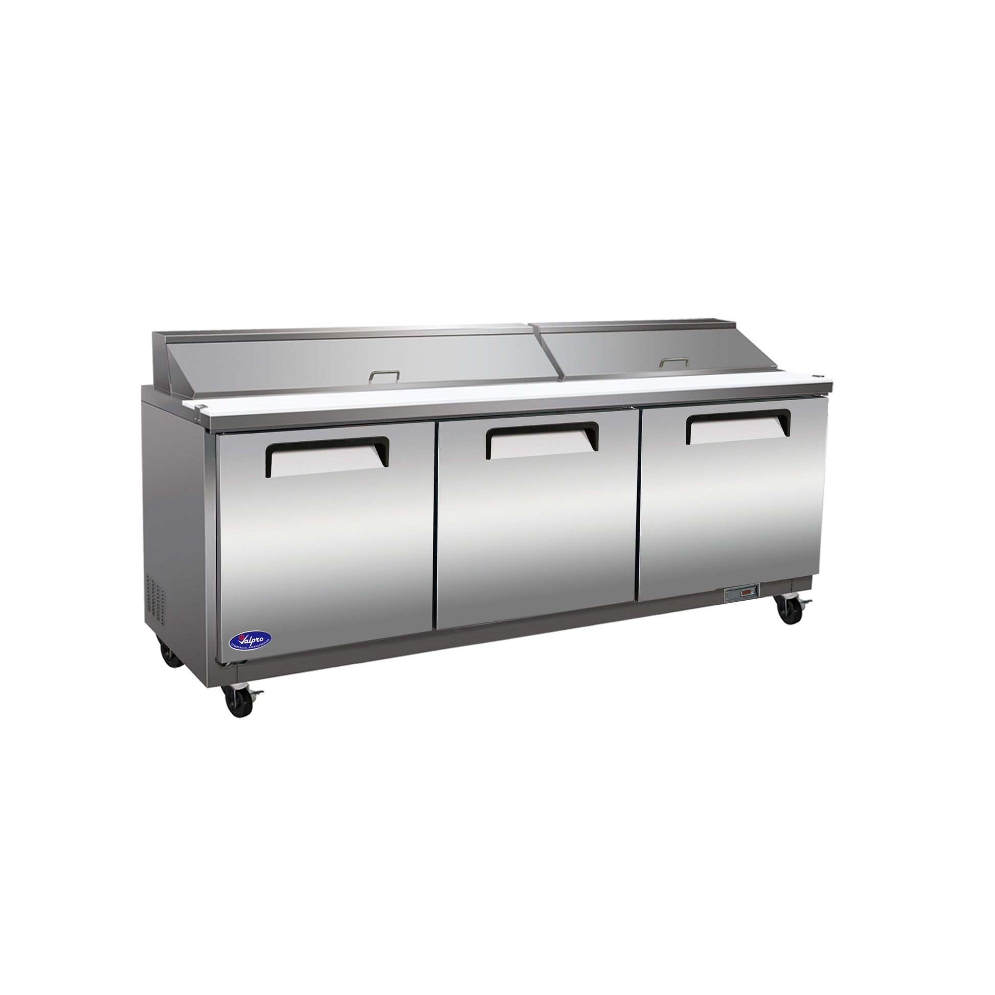 Valpro 72" x 30" Stainless Steel Solid 3-Door Refrigerator With 18-Pan Food Preparation Standard Table Top
