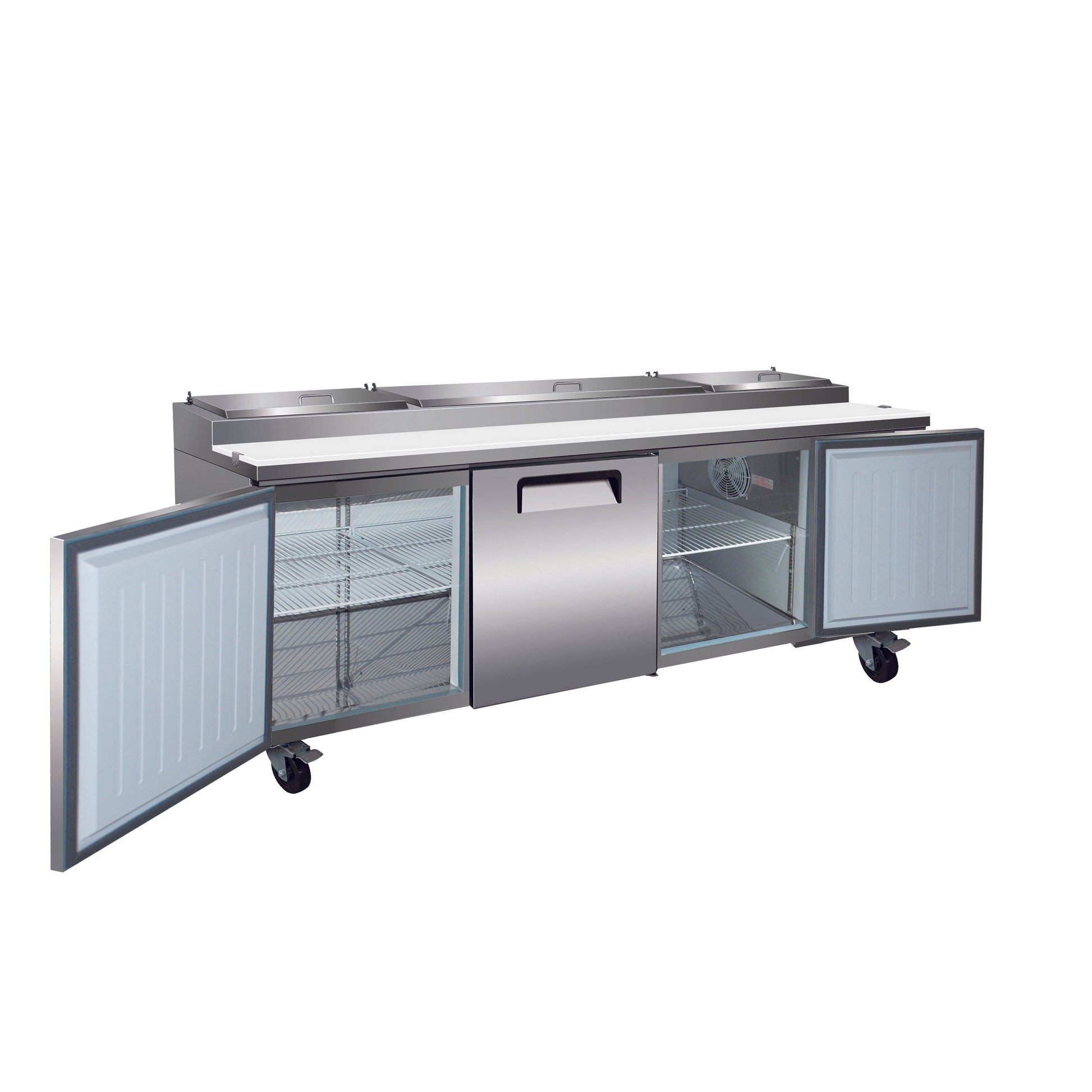 Valpro 94" x 32" Stainless Steel Solid 3-Door Refrigerator With 12-Pan Pizza Preparation Table Top