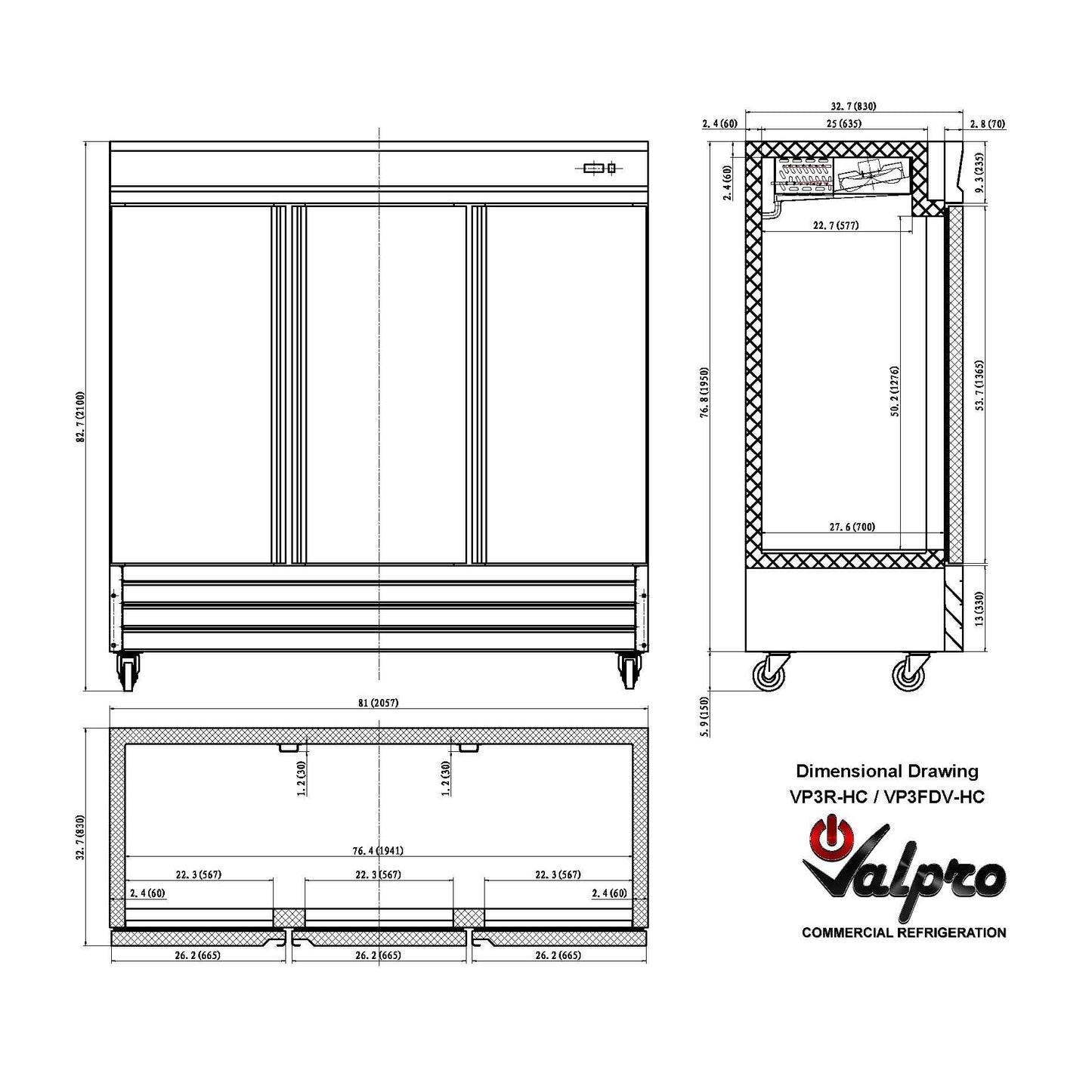 Valpro Reach-In 72 cu.ft. Stainless Steel Solid 3-Door Freezer