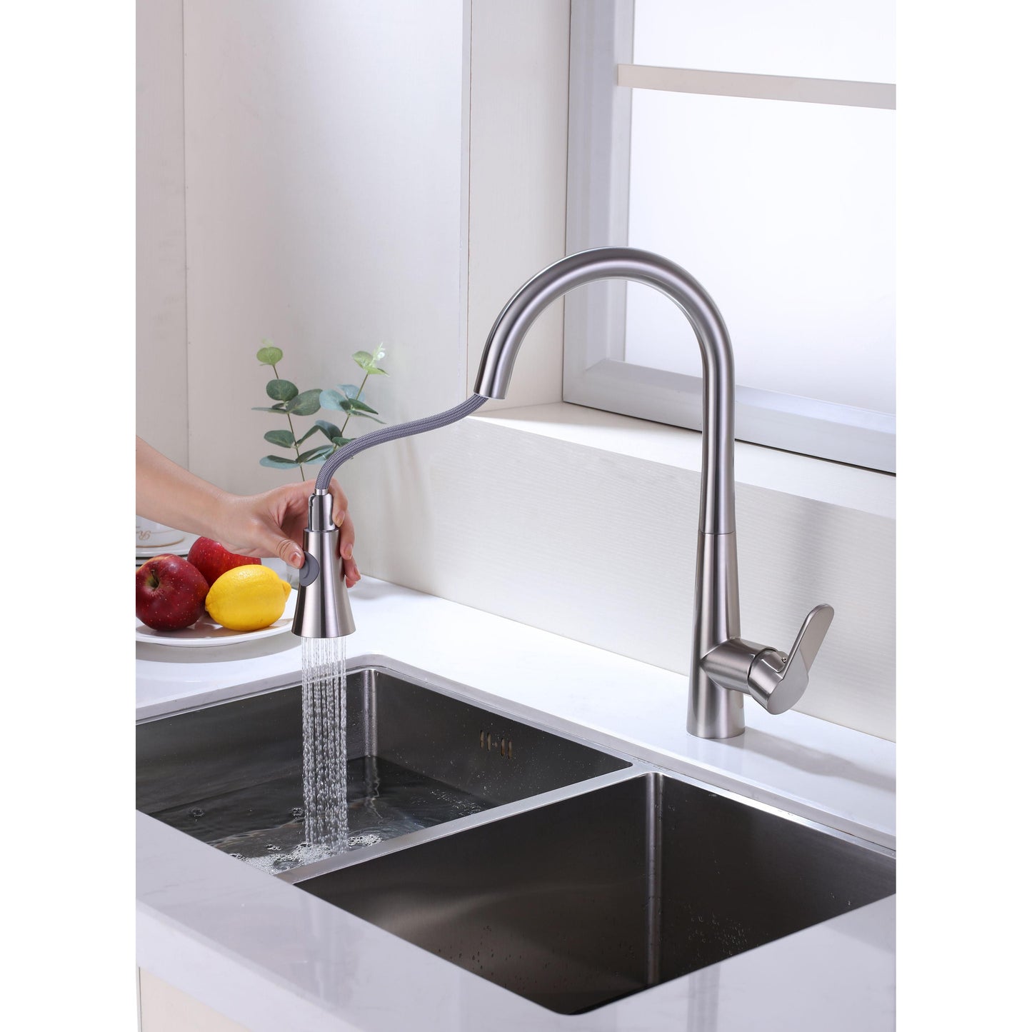 Vanity Art 17" Brushed Nickel Stainless Steel Single Handle High Arc Kitchen Sink Faucet With Pull Down Sprayer