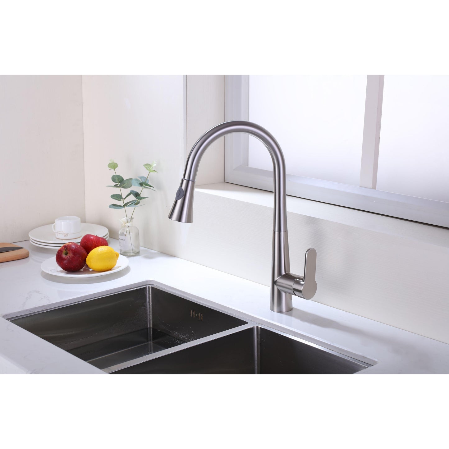 Vanity Art 17" Brushed Nickel Stainless Steel Single Handle High Arc Kitchen Sink Faucet With Pull Down Sprayer