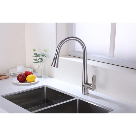 Vanity Art 17" Brushed Nickel Stainless Steel Single Handle High Arc Kitchen Sink Faucet With Pull Down Sprayer